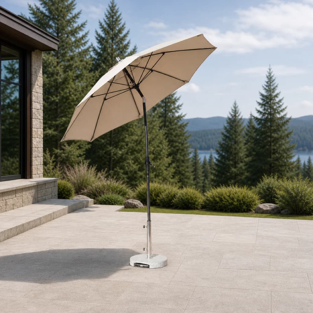 Ratana UM00906 beige nine-foot collar-tilt market umbrella with complete pole and round base.