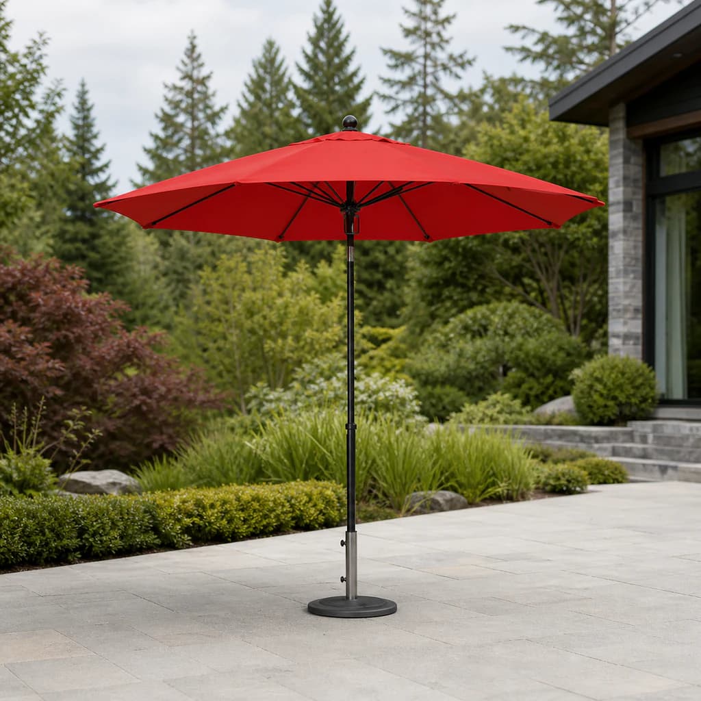 Ratana UM00907 red nine-foot pulley market umbrella with complete two-piece pole and round base.