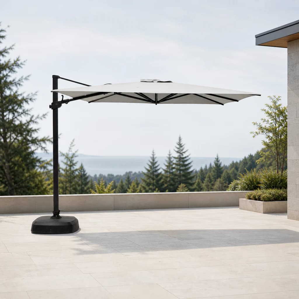Ratana UM01009 black ten-foot square cantilever umbrella with off-white canopy and complete base.