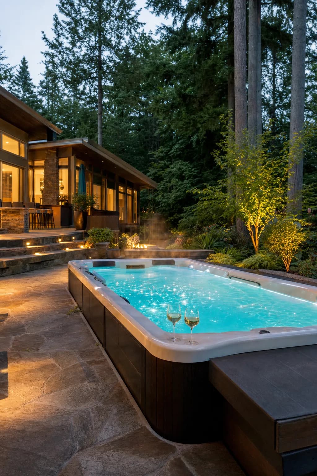 A luxury backyard swim spa glowing at dusk in British Columbia