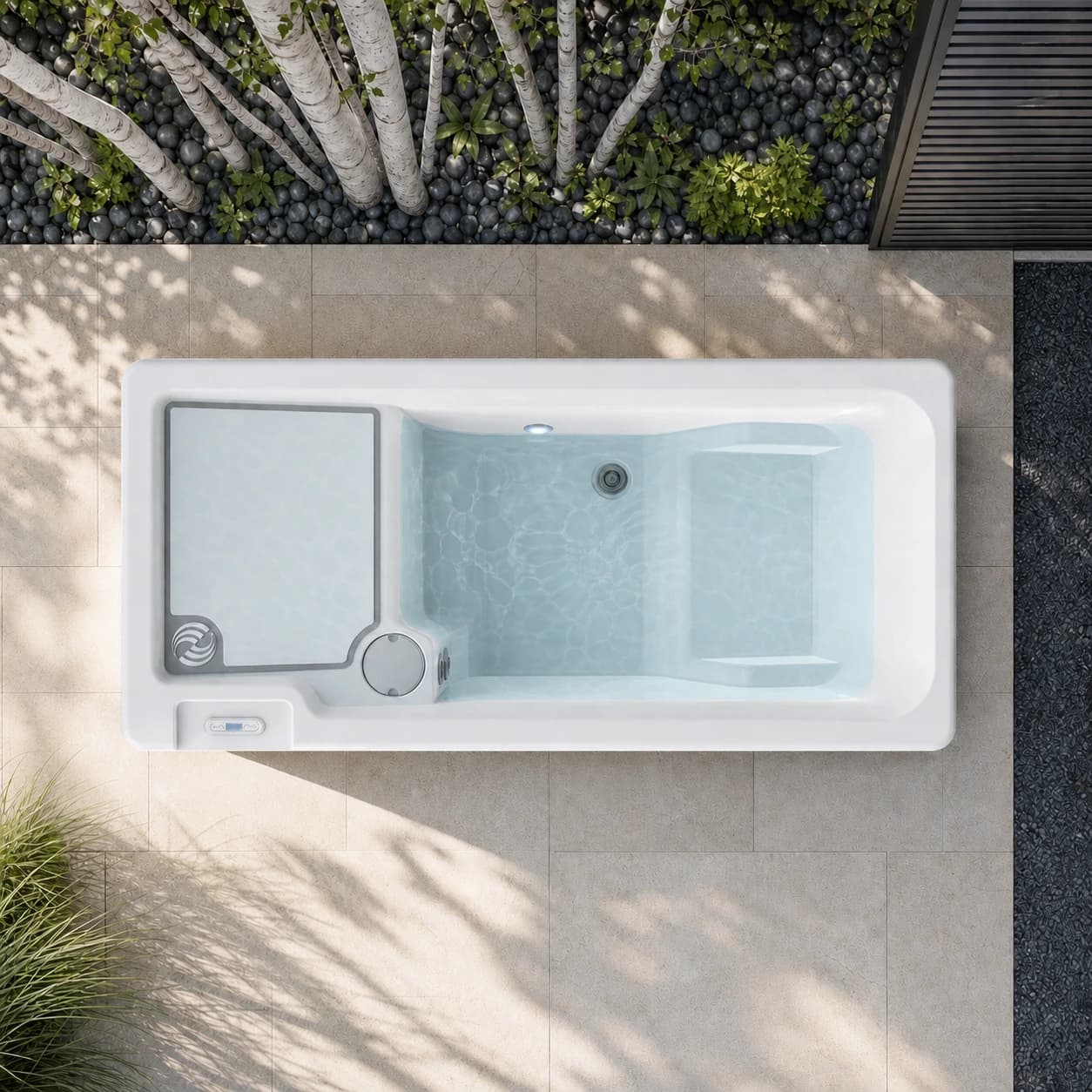 Hot Spring Vigor cold plunge overhead view filled with water in a premium summer backyard setting