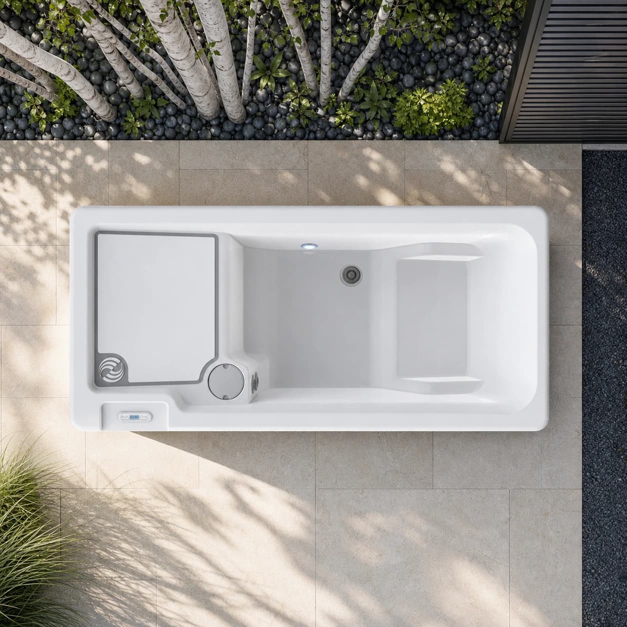 Hot Spring Vigor cold plunge overhead view in a premium summer backyard setting