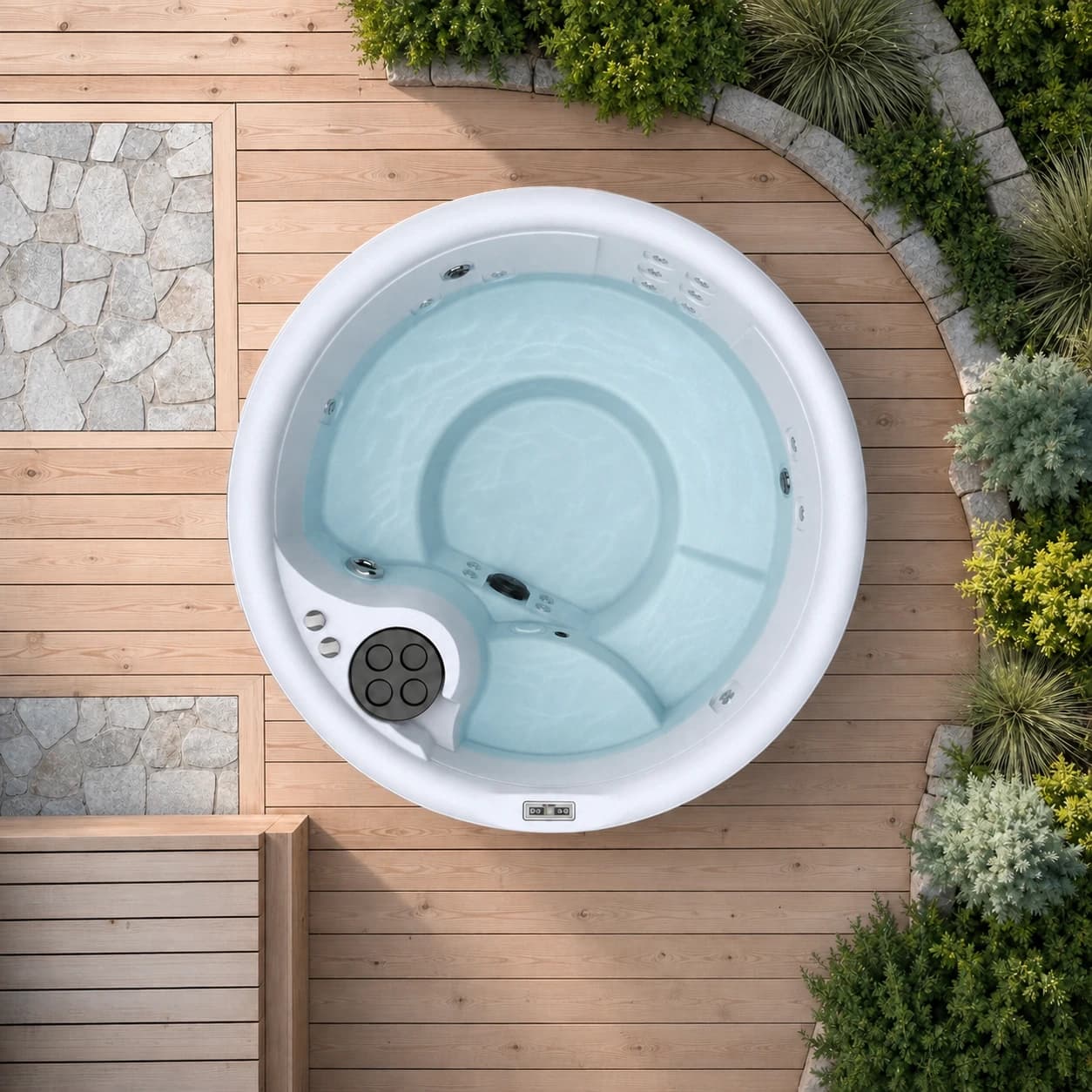 Freeflow Spas Aptos hot tub overhead view filled with water in a premium summer backyard setting