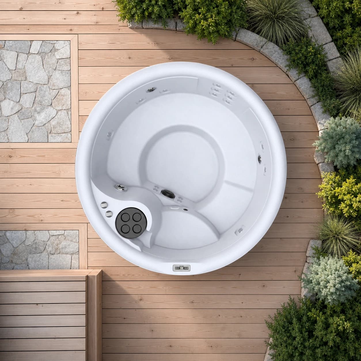 Freeflow Spas Aptos hot tub overhead view in a premium summer backyard setting