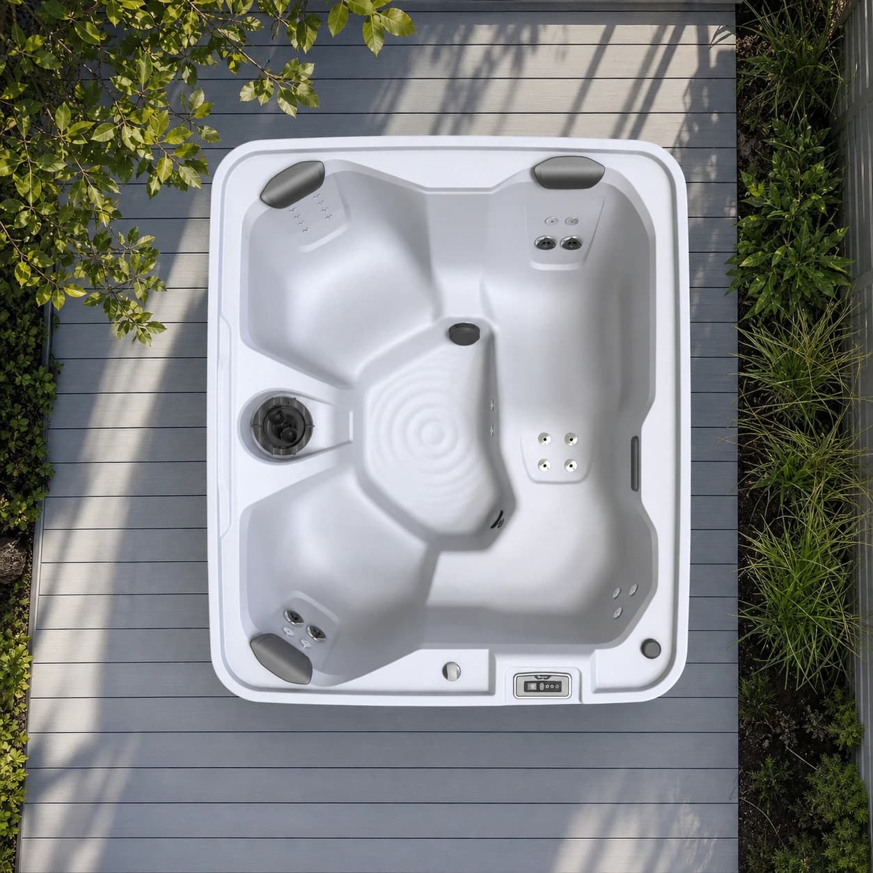 Freeflow Spas Azure hot tub overhead view in a premium summer backyard setting