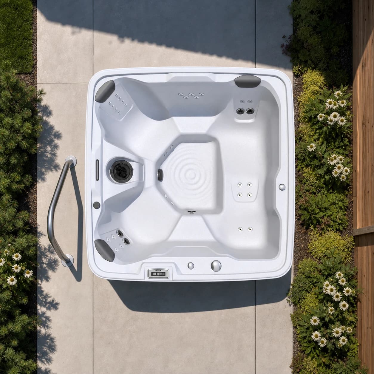 Freeflow Spas Excursion hot tub overhead view in a premium summer backyard setting