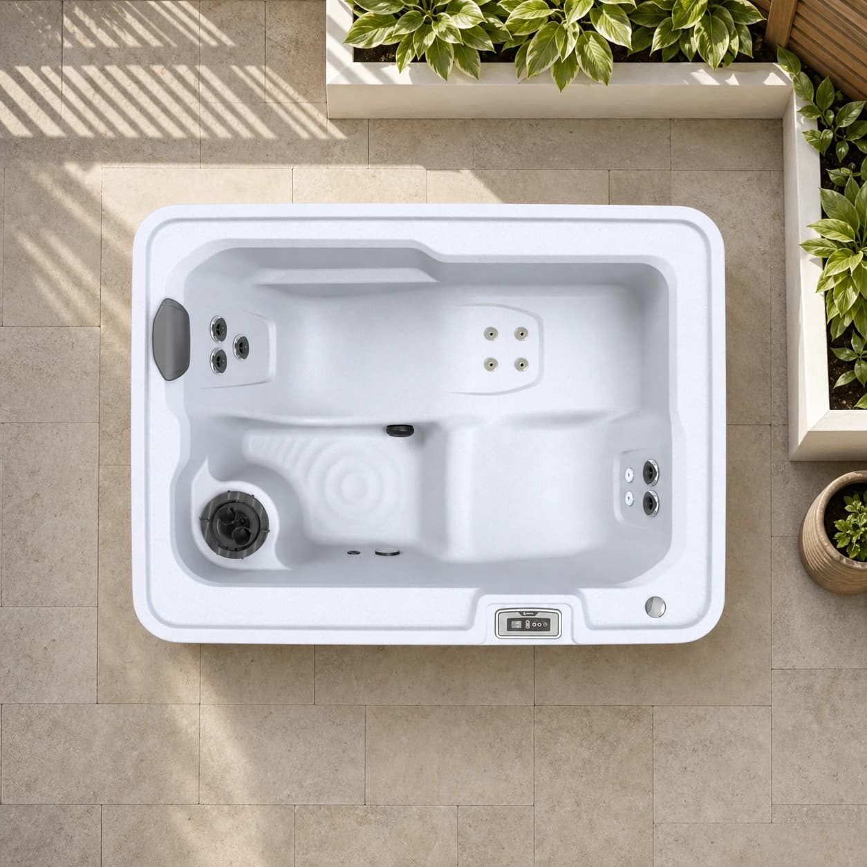 Freeflow Spas Mini hot tub overhead view in a premium summer backyard setting