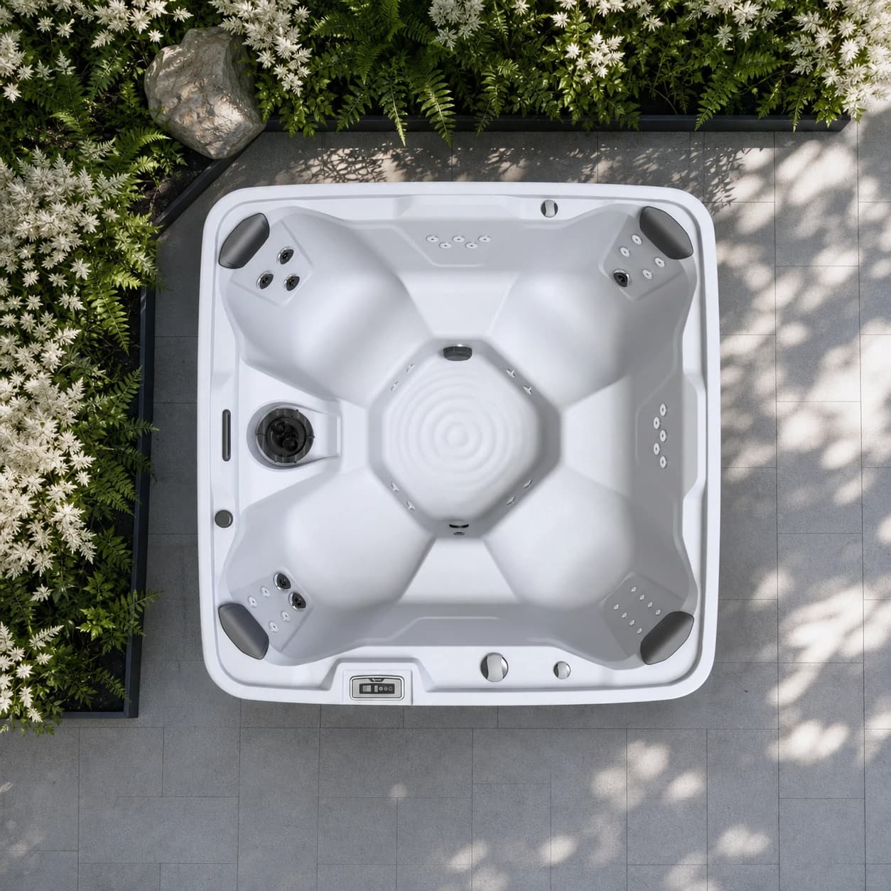 Freeflow Spas Monterey hot tub overhead view in a premium summer backyard setting