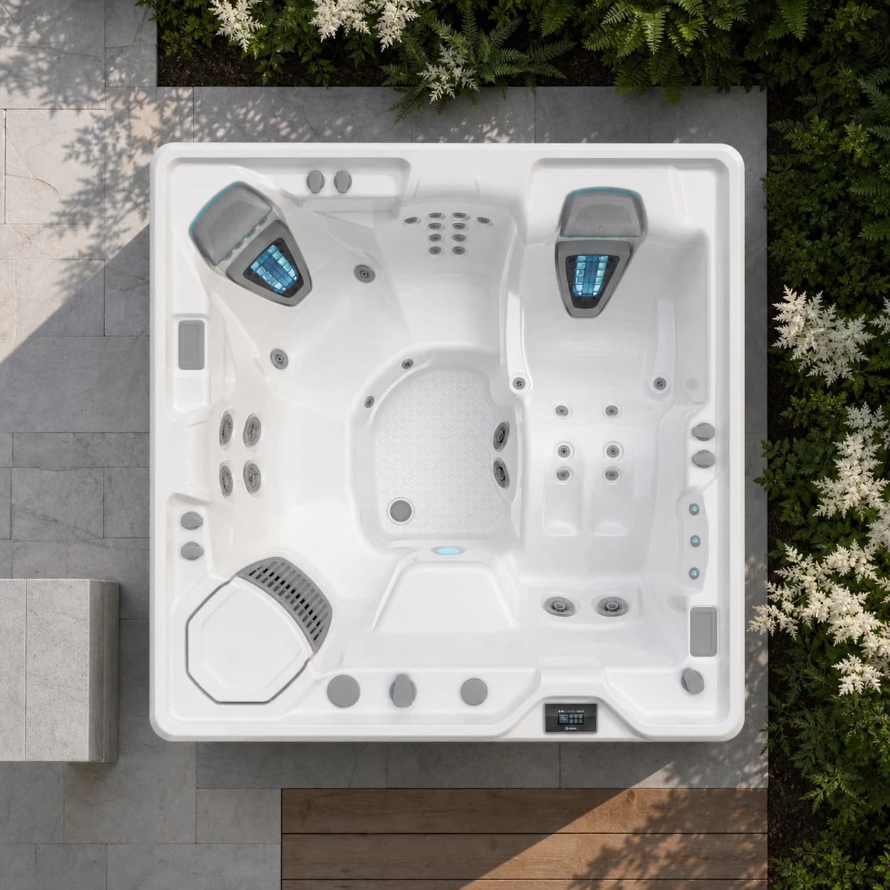 Hot Spring Aria hot tub overhead view in a premium summer backyard setting