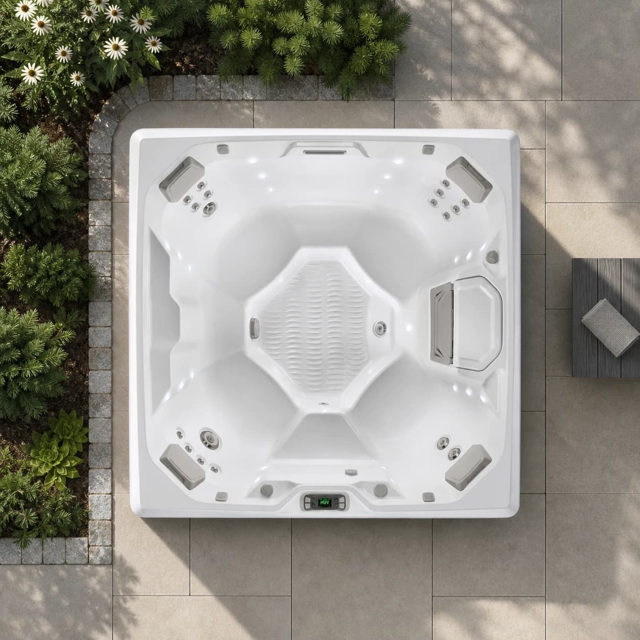 Hot Spring Beam hot tub overhead view in a premium summer backyard setting
