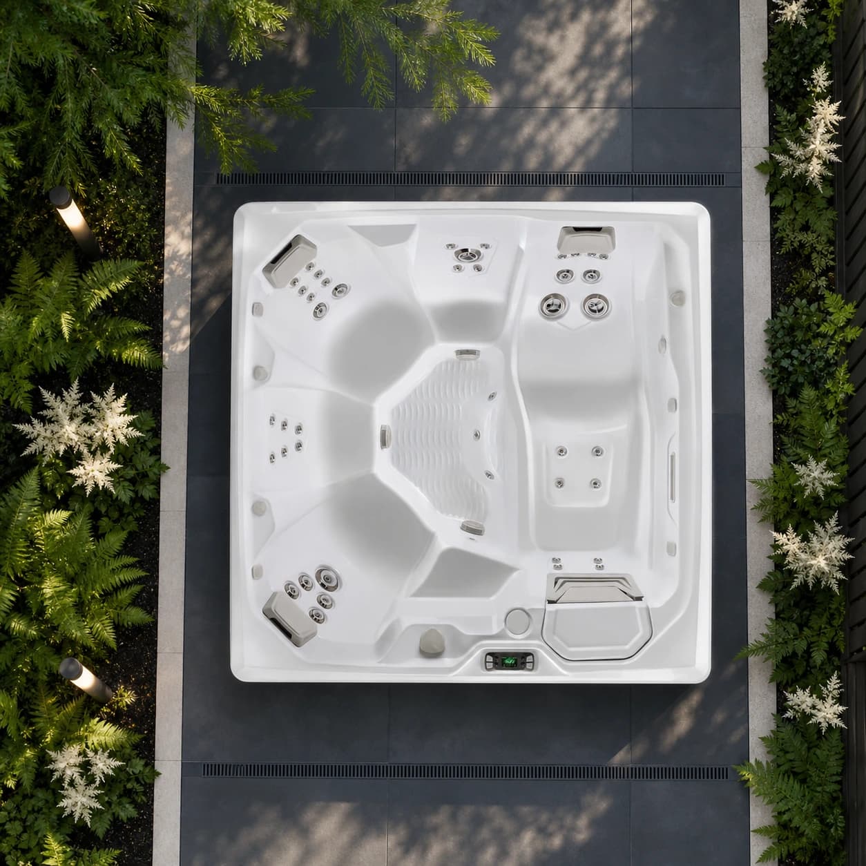 Hot Spring Flair hot tub overhead view in a premium summer backyard setting