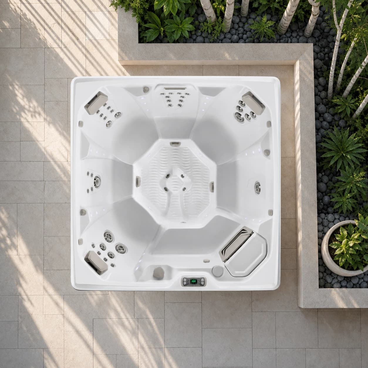 Hot Spring Flash hot tub overhead view in a premium summer backyard setting