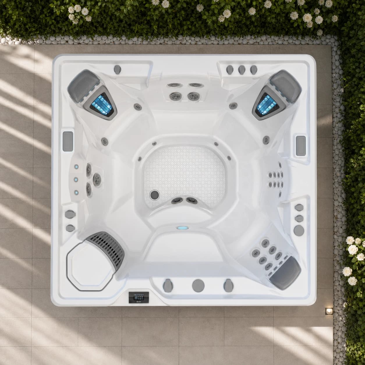Hot Spring Grandee hot tub overhead view in a premium summer backyard setting