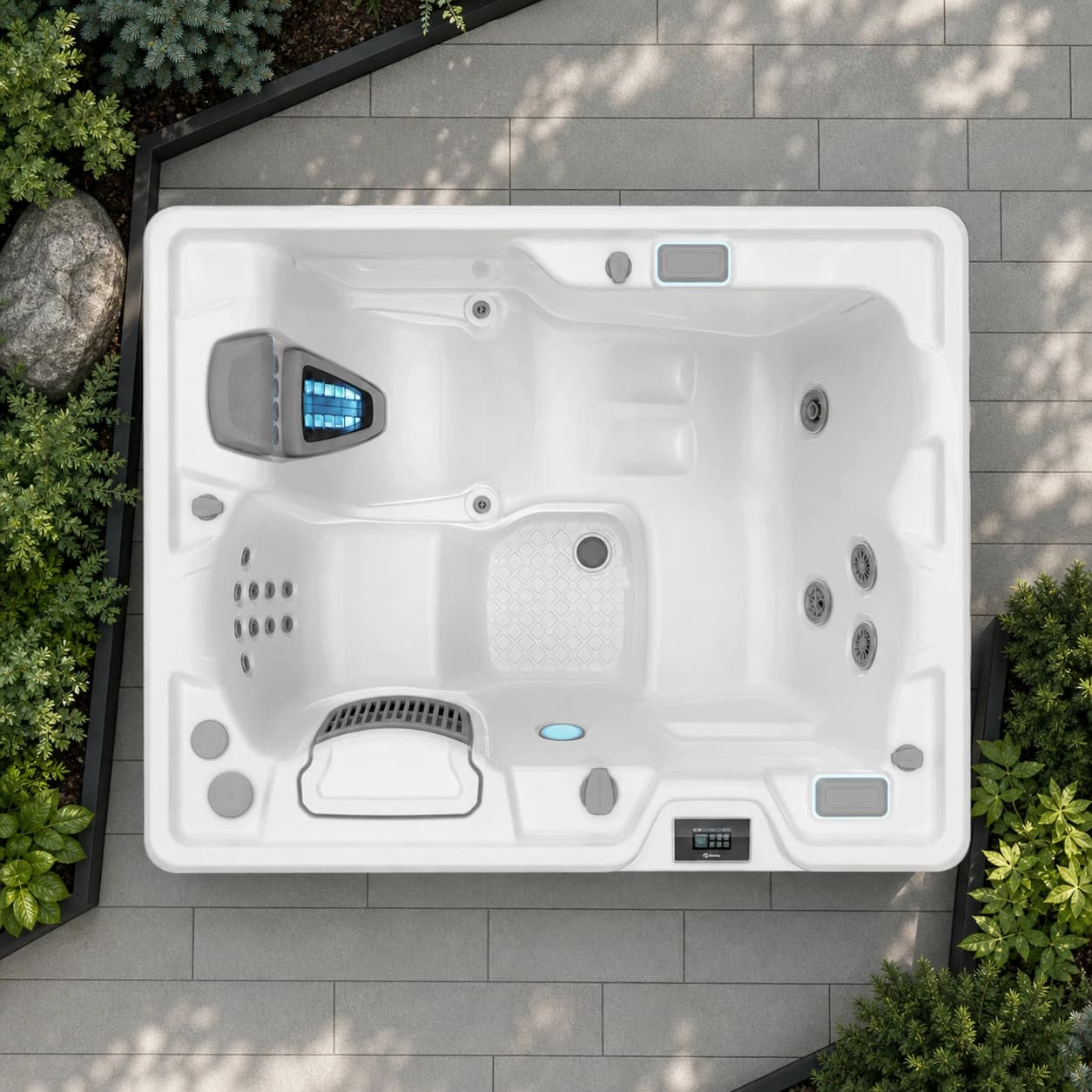 Hot Spring Jetsetter hot tub overhead view in a premium summer backyard setting