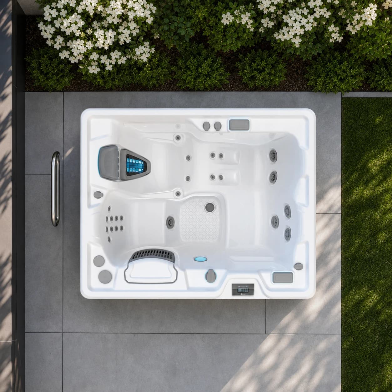 Hot Spring Jetsetter LX hot tub overhead view in a premium summer backyard setting