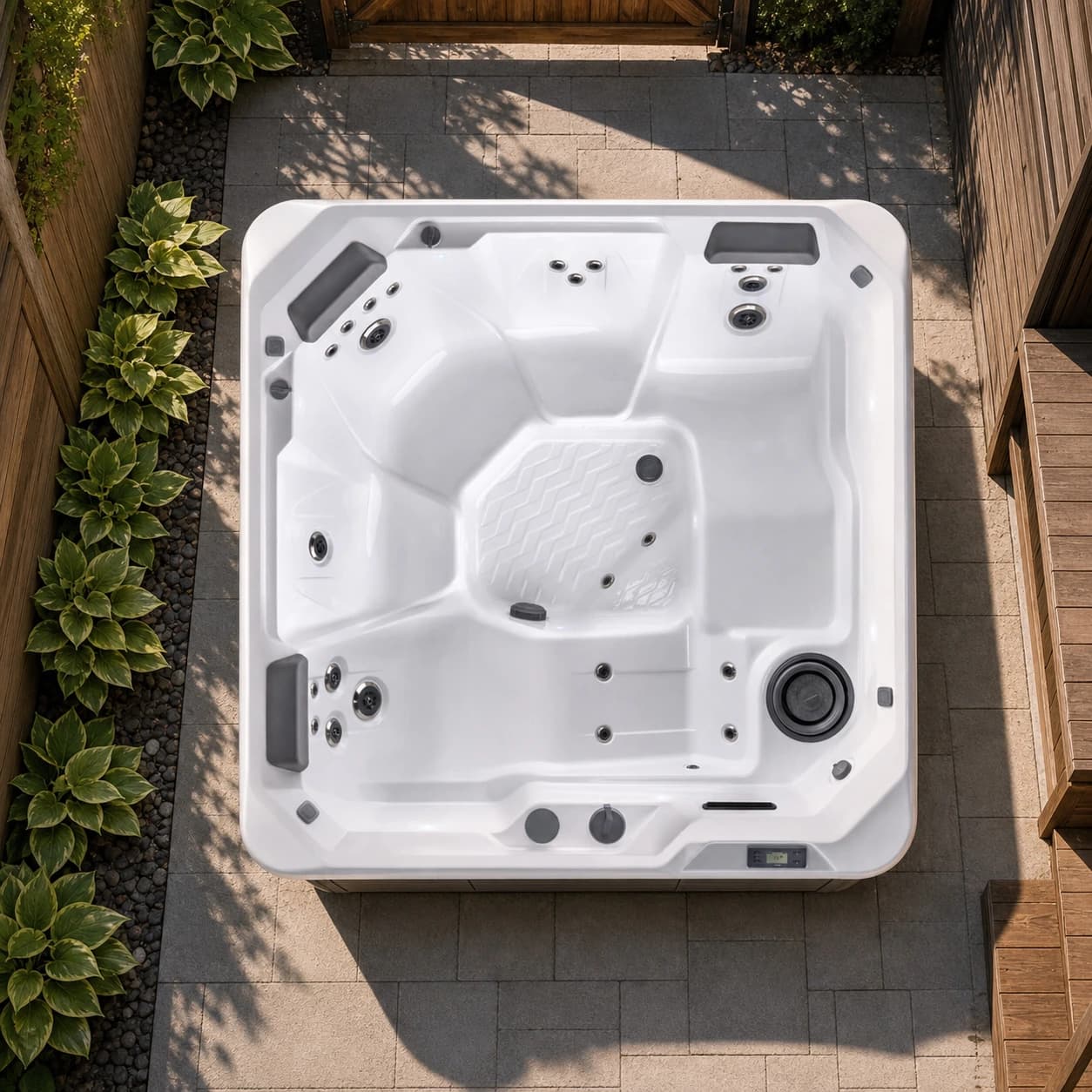 Hot Spring Pace hot tub overhead view in a premium summer backyard setting