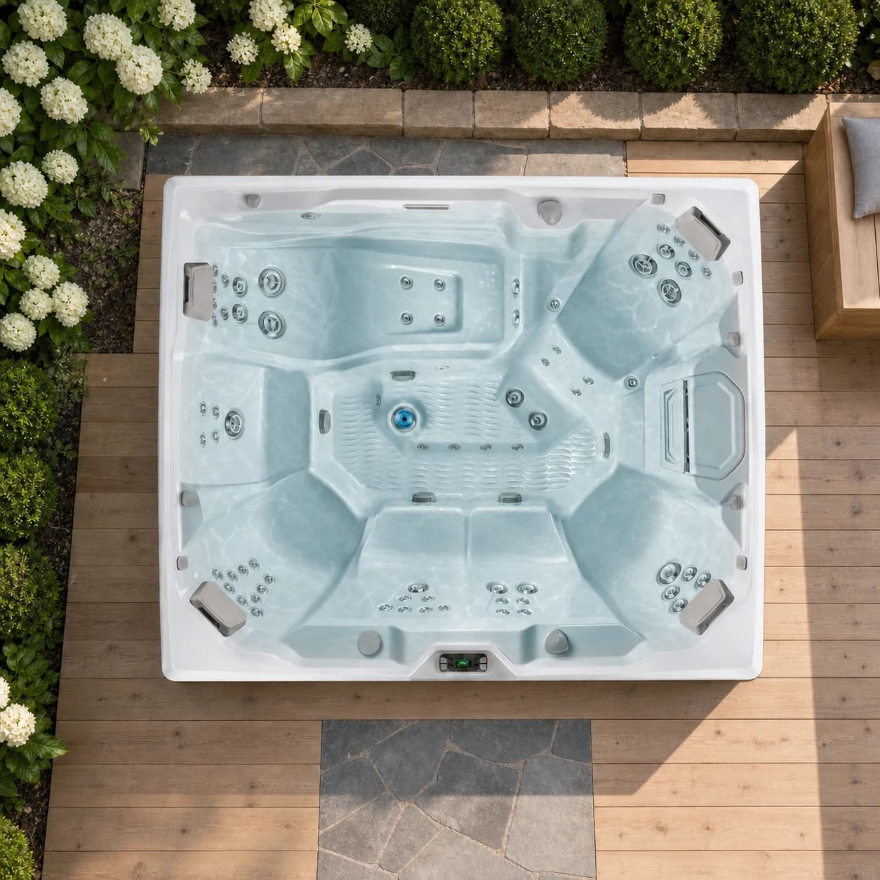 Hot Spring Prism hot tub overhead view filled with water in a premium summer backyard setting