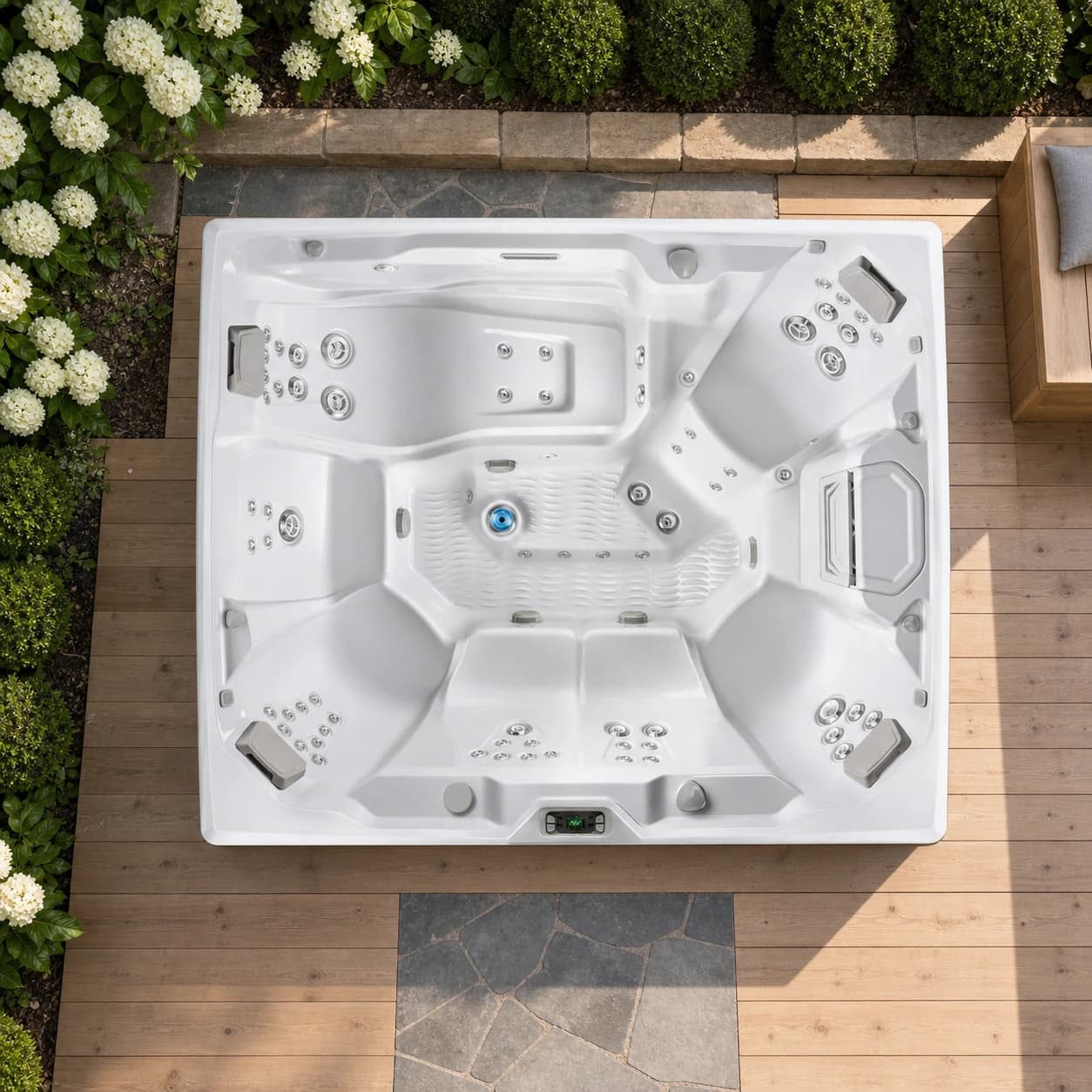Hot Spring Prism hot tub overhead view in a premium summer backyard setting