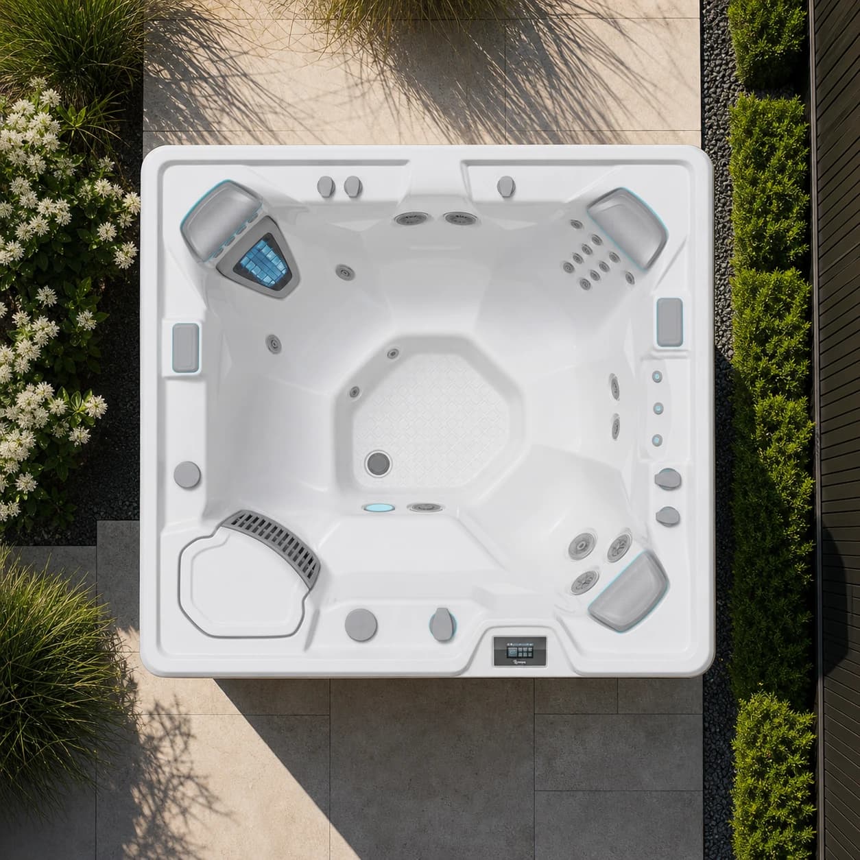Hot Spring Prodigy hot tub overhead view in a premium summer backyard setting