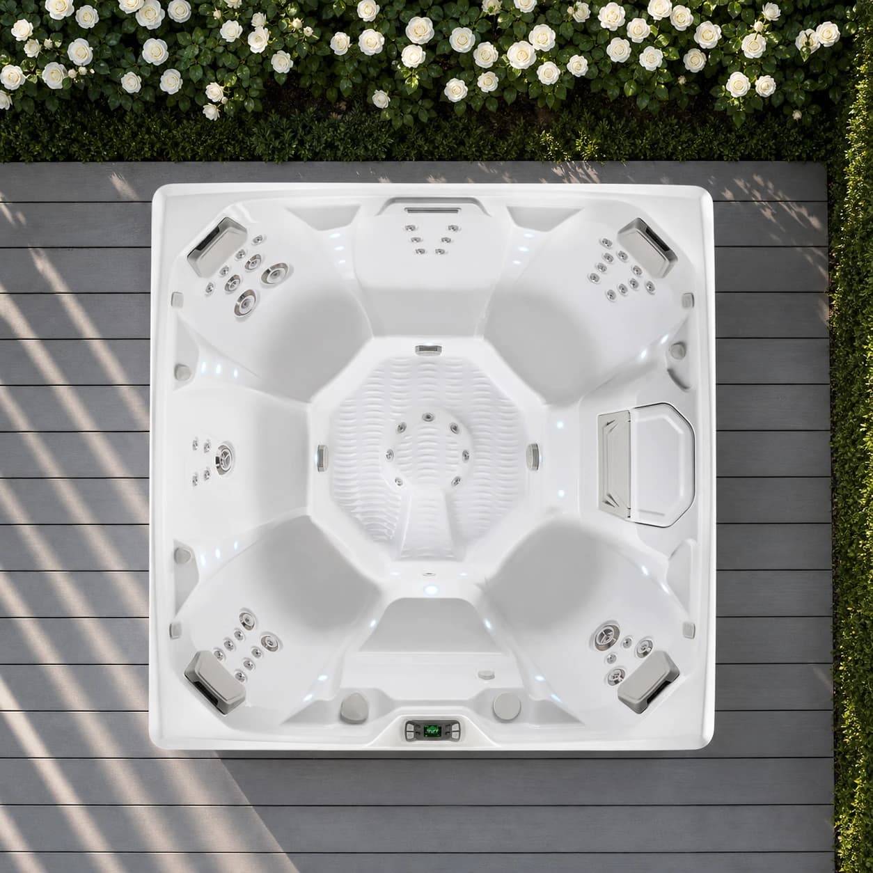 Hot Spring Pulse hot tub overhead view in a premium summer backyard setting