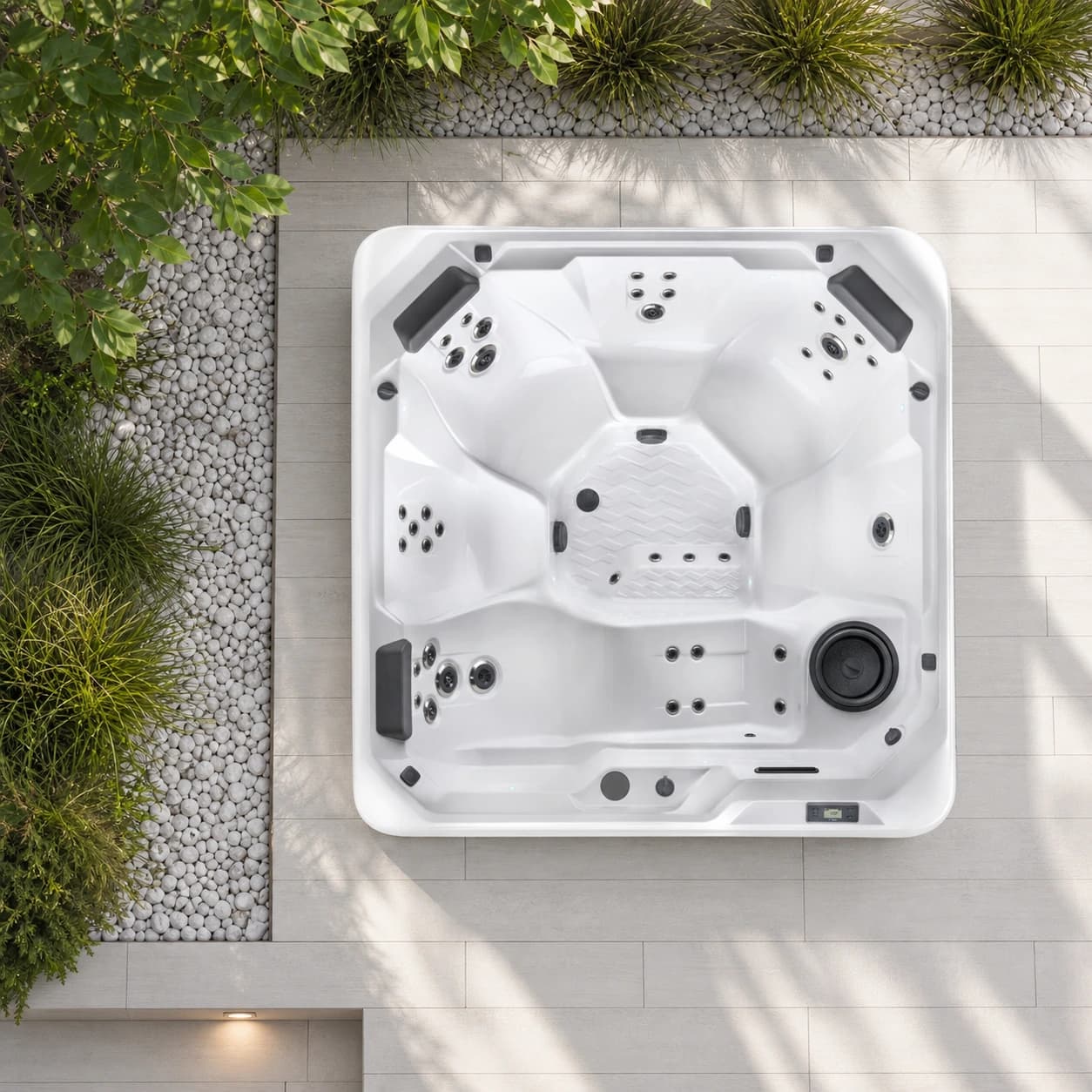 Hot Spring Relay hot tub overhead view in a premium summer backyard setting