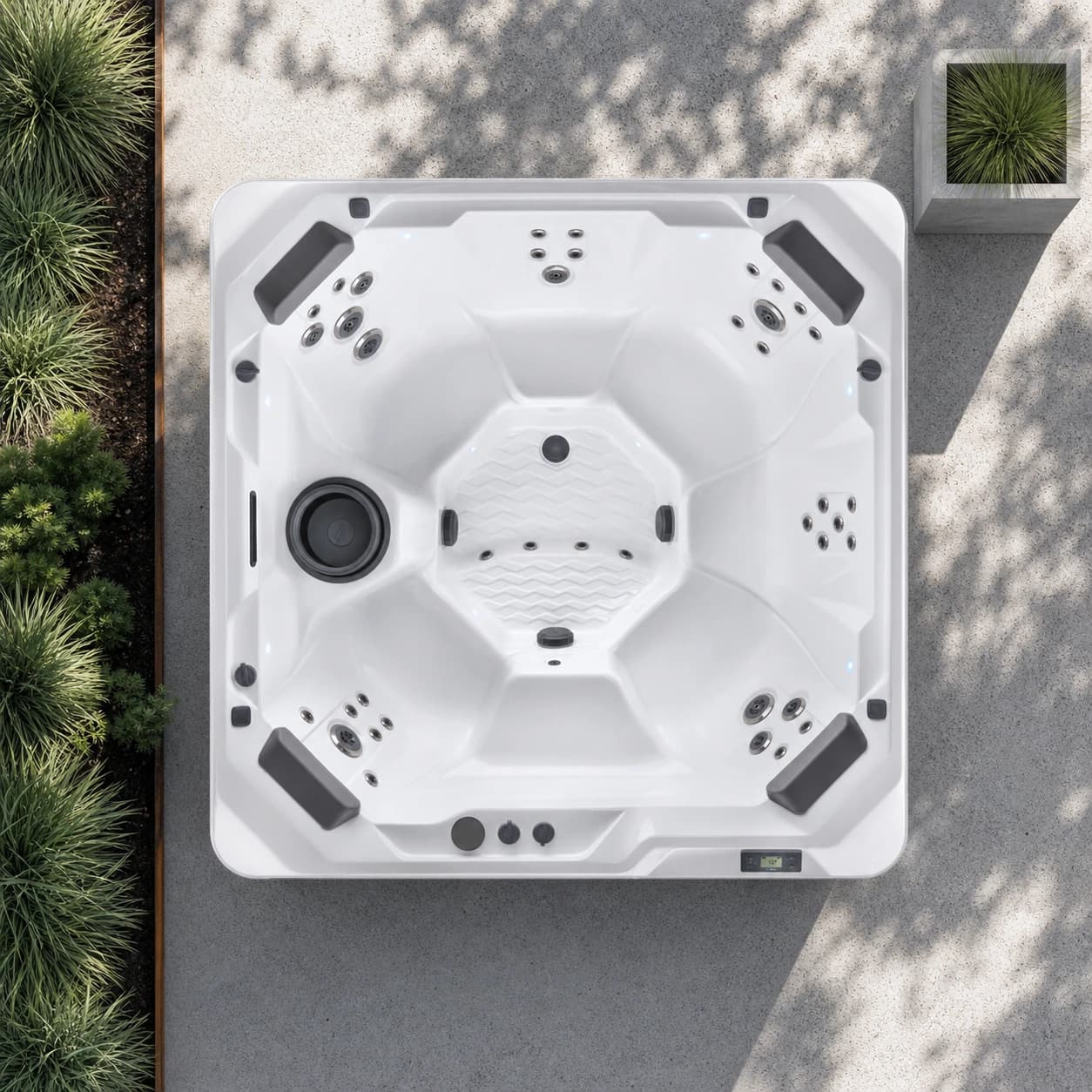 Hot Spring Rhythm hot tub overhead view in a premium summer backyard setting