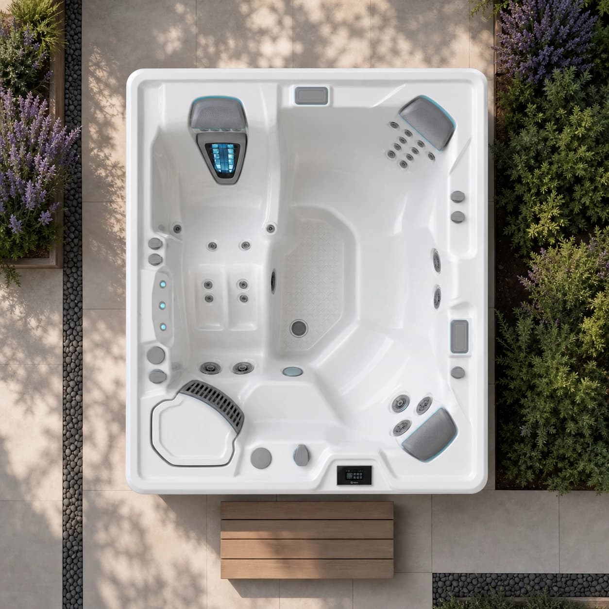 Hot Spring Sovereign hot tub overhead view in a premium summer backyard setting