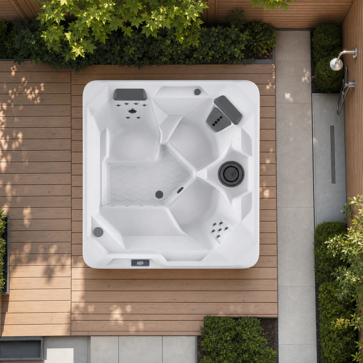 Hot Spring SX hot tub overhead view in a premium summer backyard setting