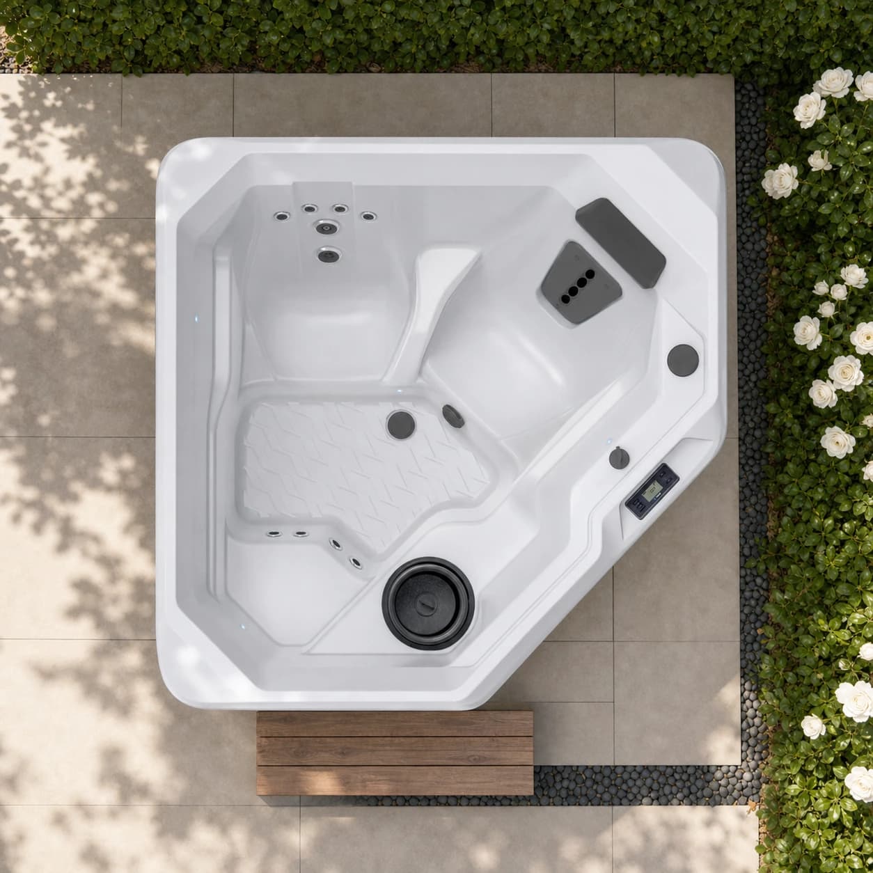 Hot Spring TX hot tub overhead view in a premium summer backyard setting