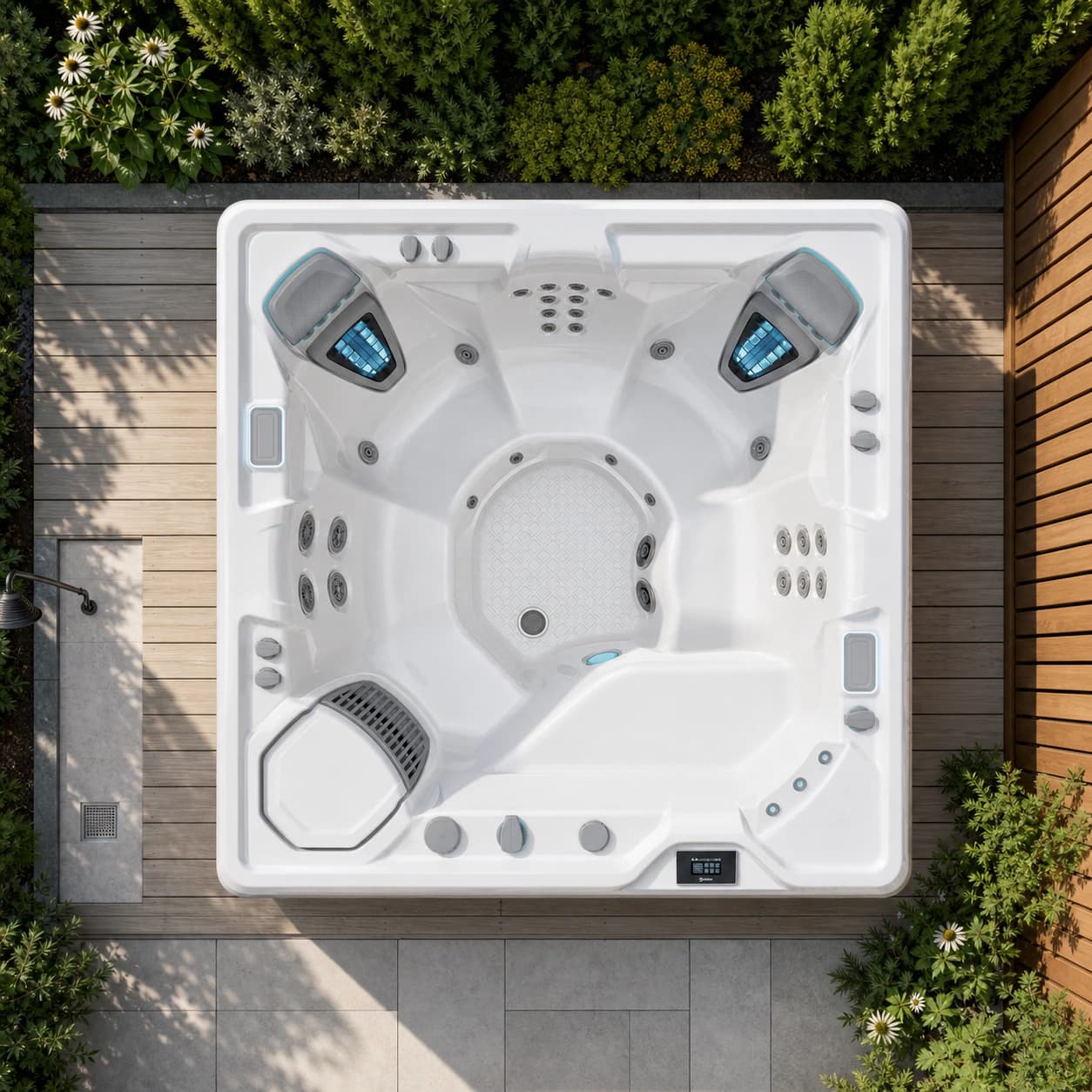 Hot Spring Vanguard hot tub overhead view in a premium summer backyard setting