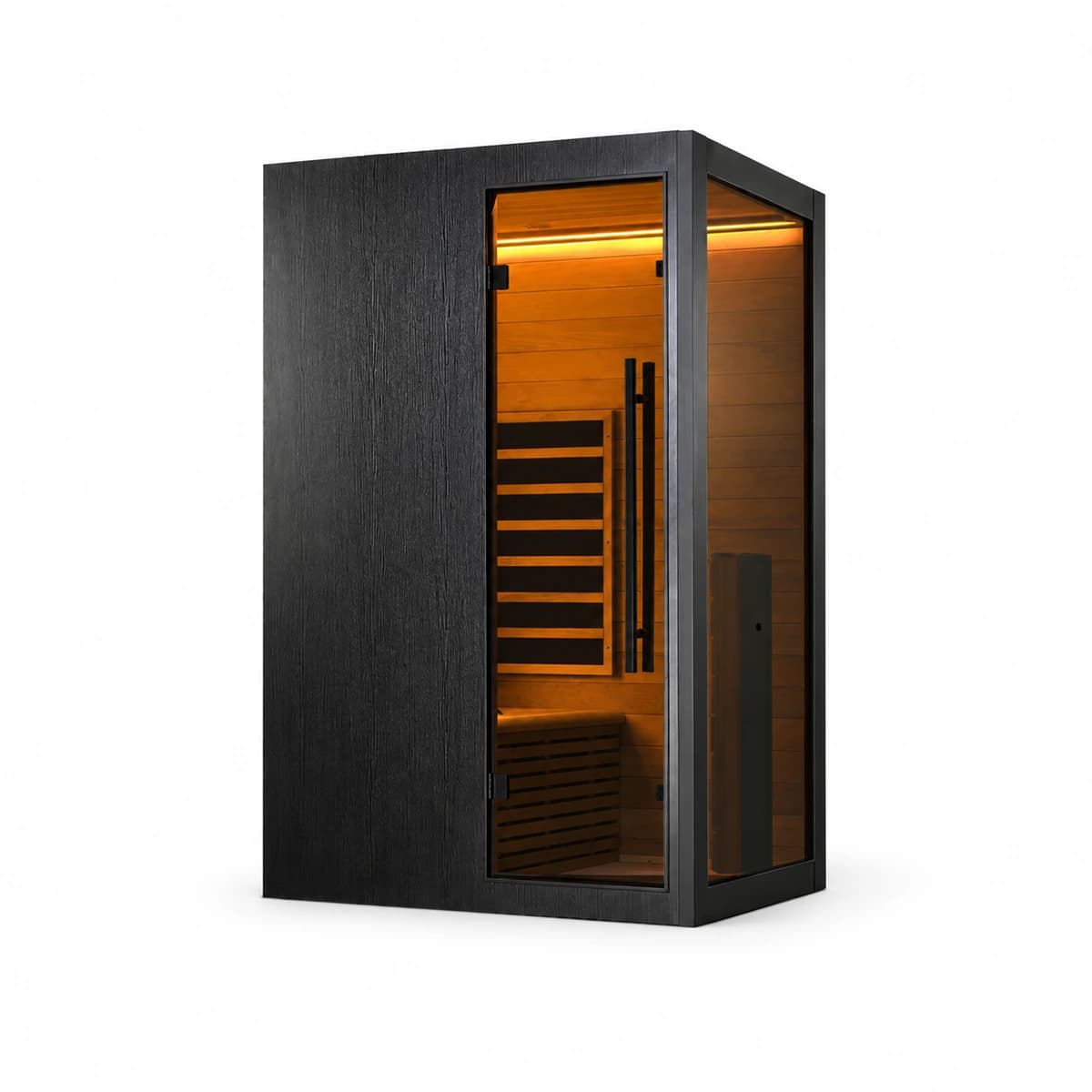 Hekla Infrared 100 V2 black one-person sauna with amber-lit cedar-coloured Thermo Aspen interior on white