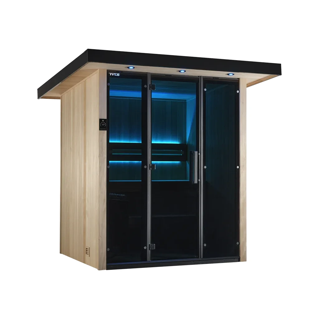 Tylö Lulea 3 outdoor sauna with blue exterior and tinted glass