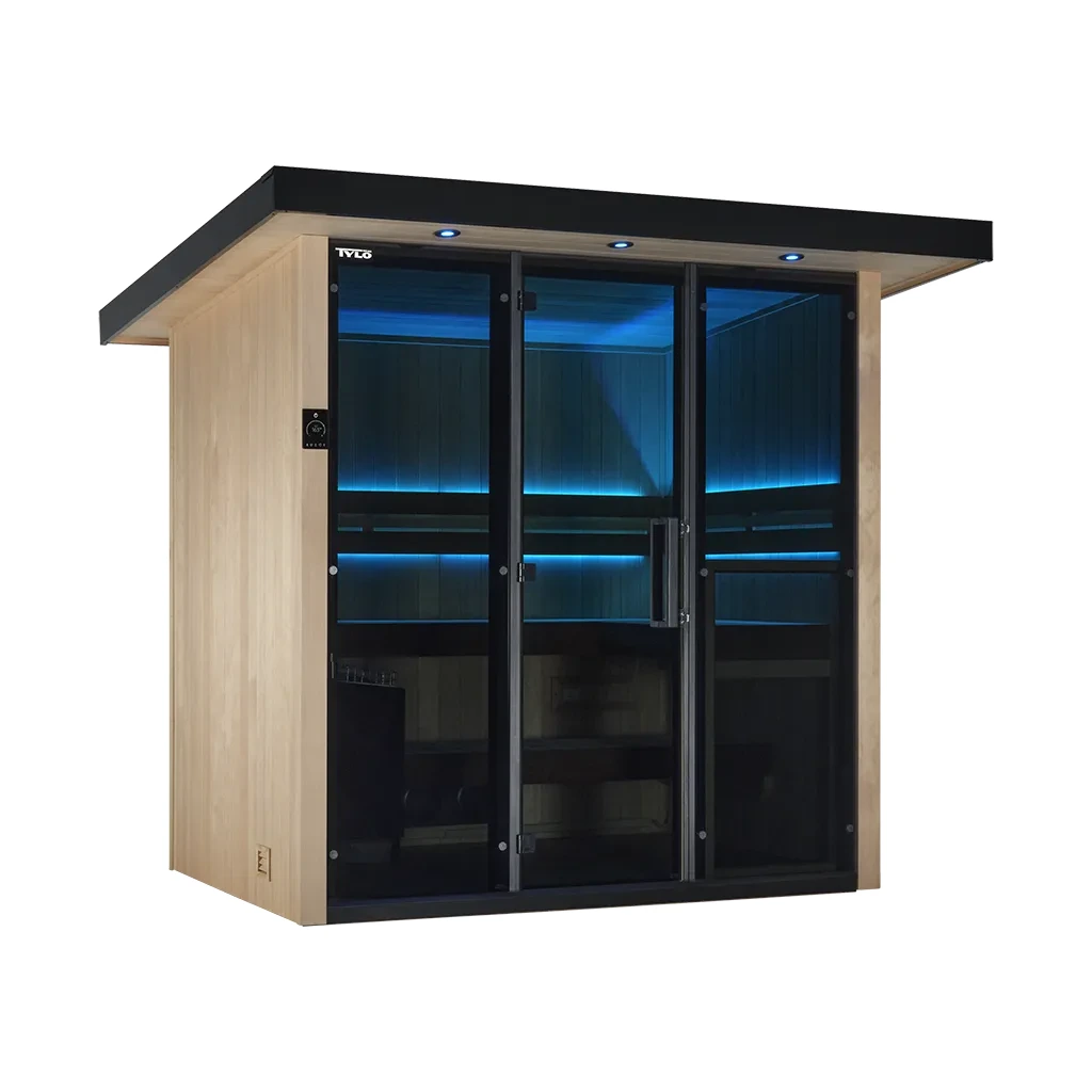 Tylö Lulea 4 outdoor sauna with blue exterior and tinted glass