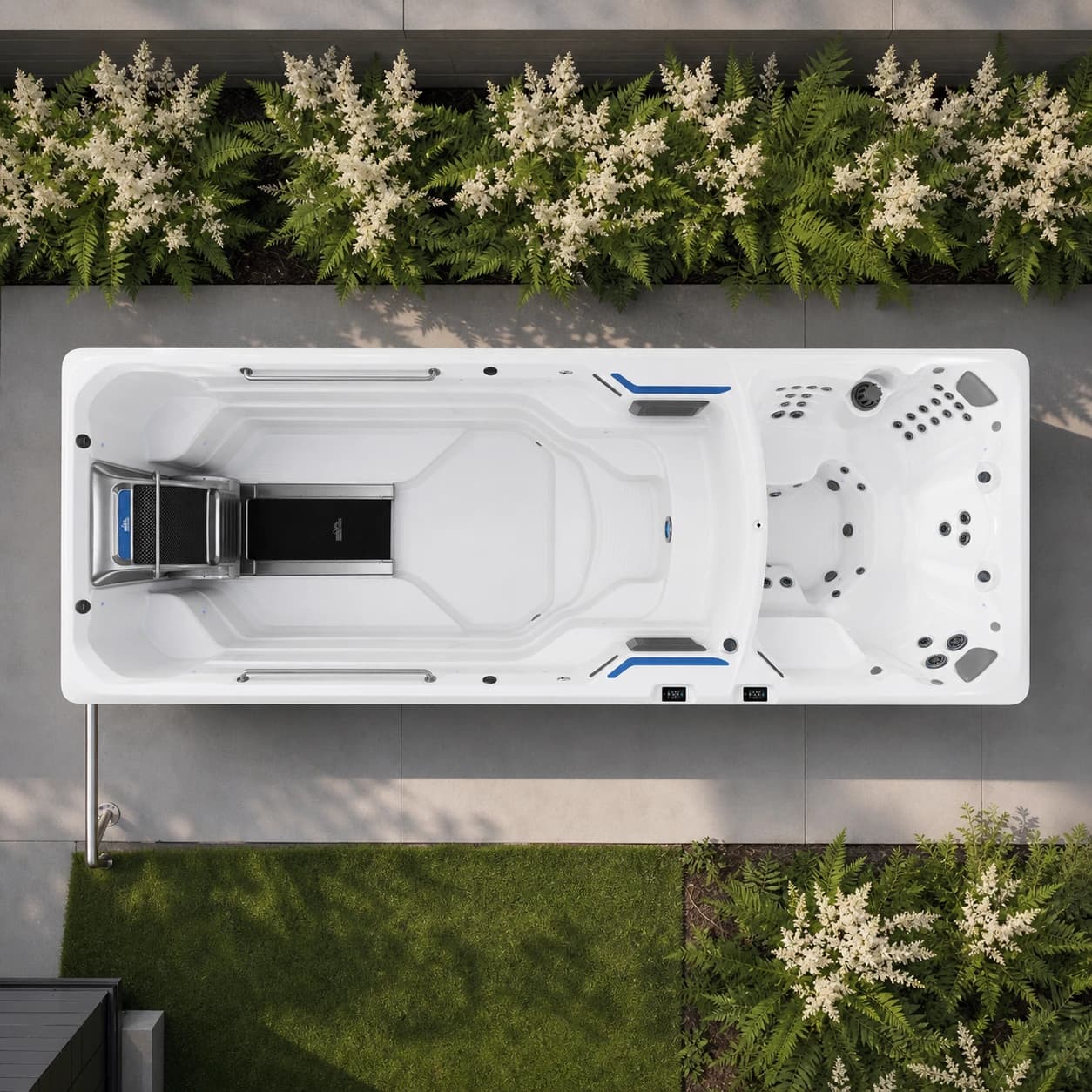 Endless Pools E2000 swim spa overhead view in a premium summer backyard setting