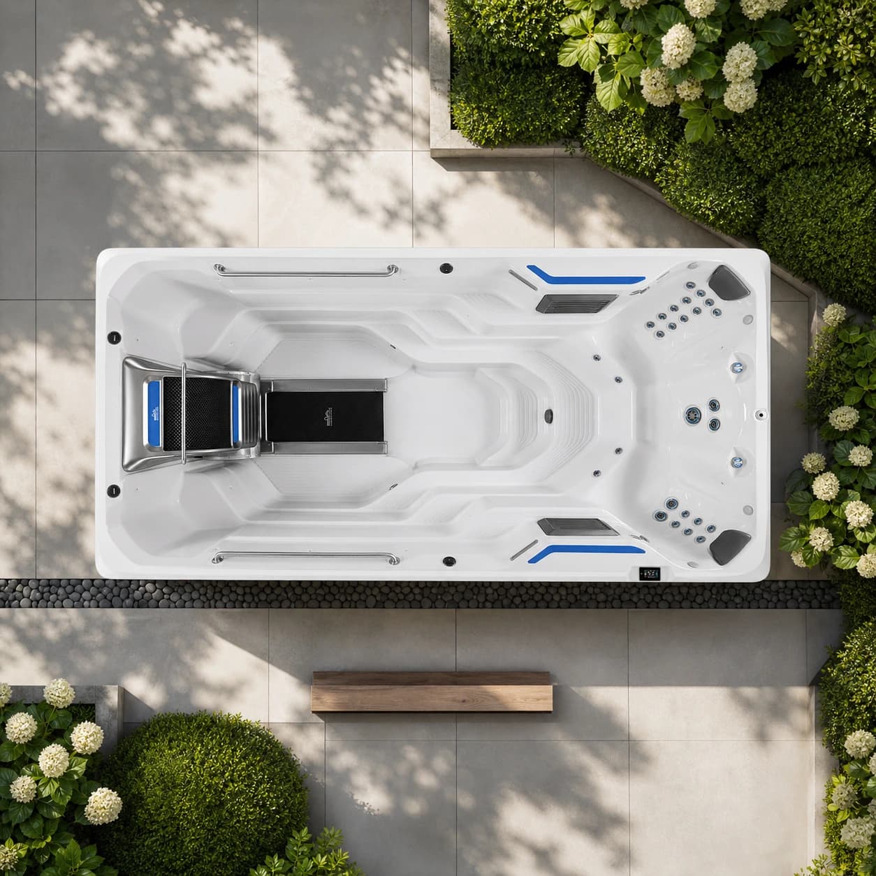 Endless Pools E500 swim spa overhead view in a premium summer backyard setting