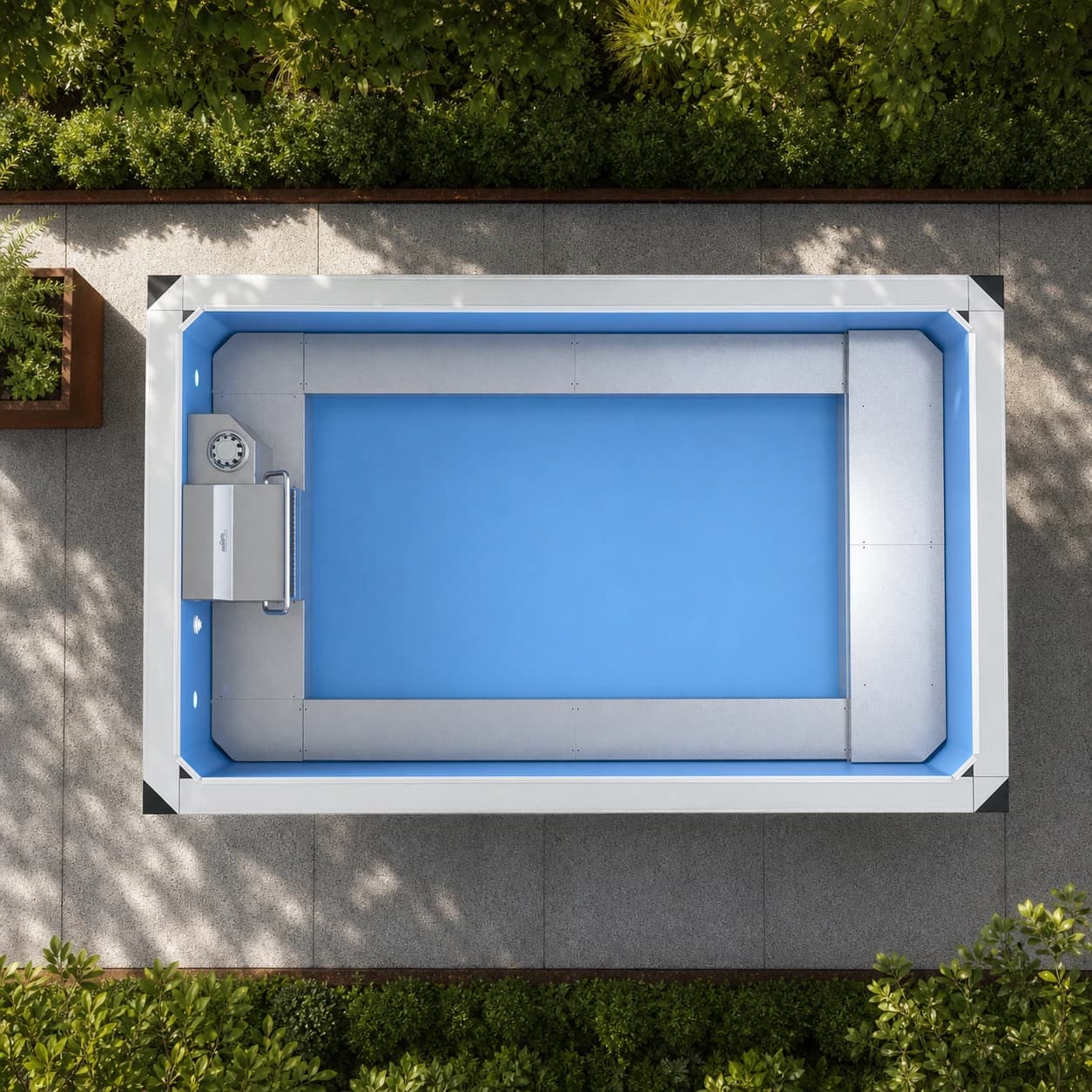 Endless Pools EP207 modular pool overhead view in a premium summer backyard setting
