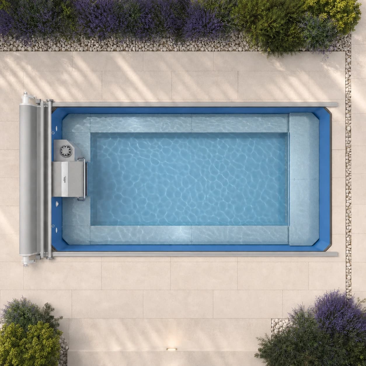 Endless Pools EP407 modular pool overhead view filled with water in a premium summer backyard setting