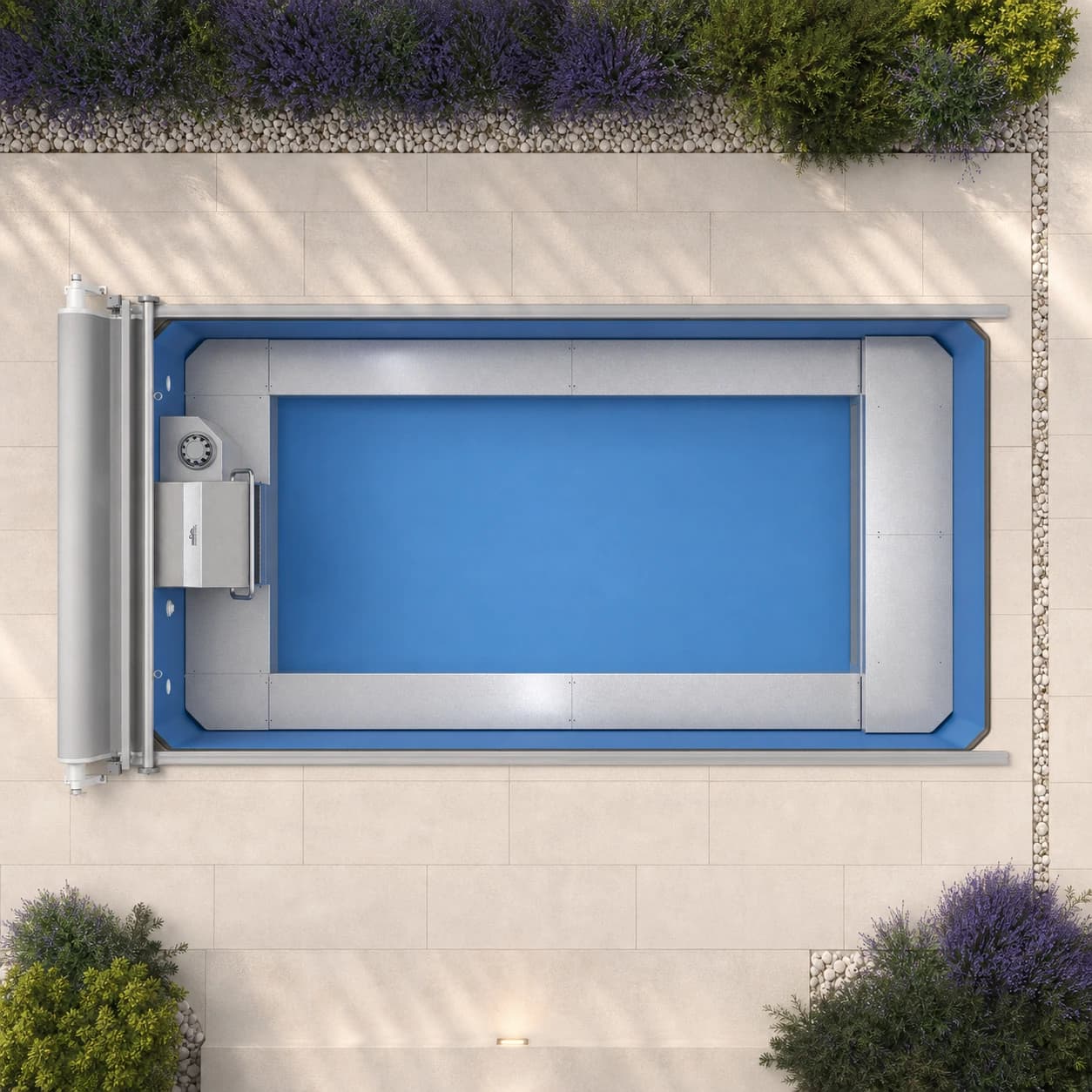 Endless Pools EP407 modular pool overhead view in a premium summer backyard setting