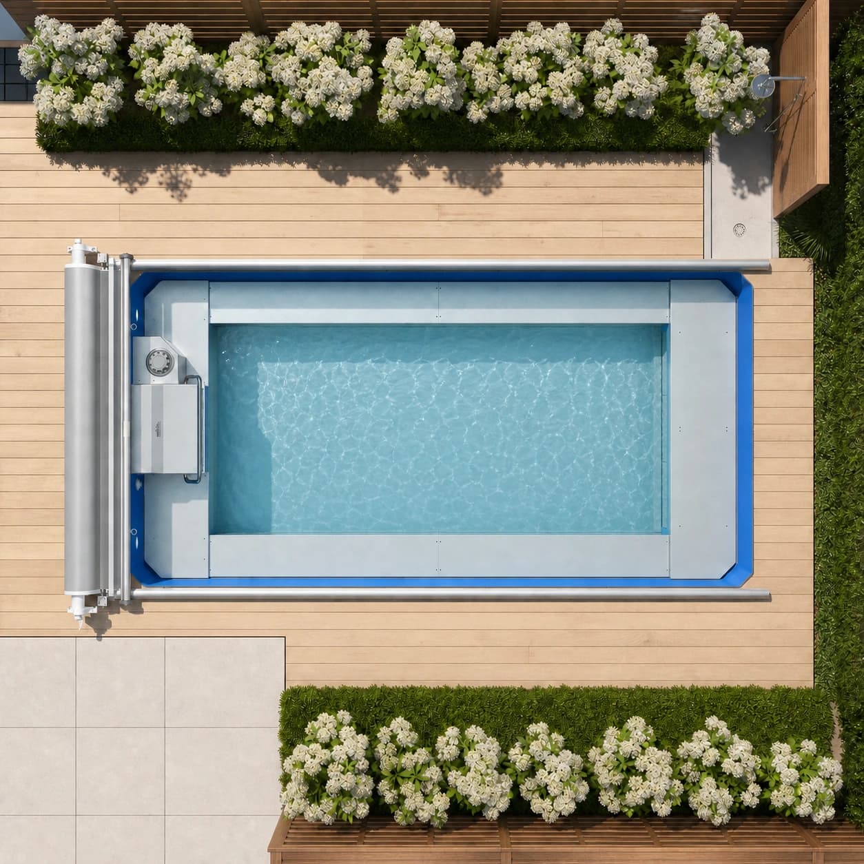 Endless Pools EP407 Plus modular pool overhead view filled with water in a premium summer backyard setting