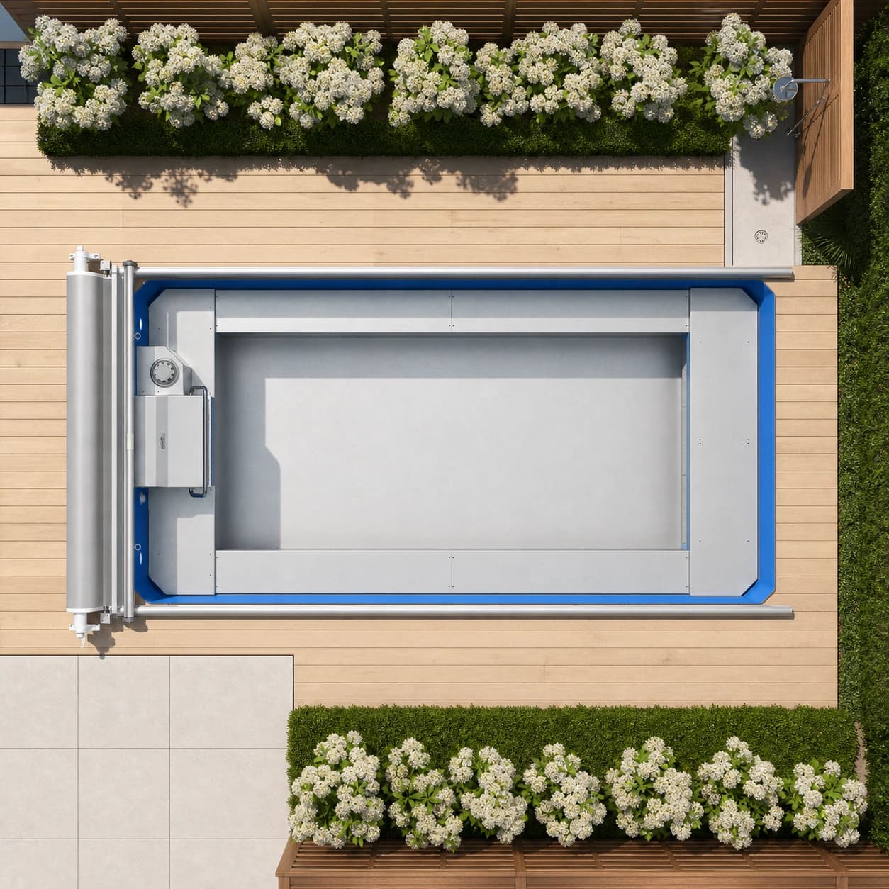 Endless Pools EP407 Plus modular pool overhead view in a premium summer backyard setting