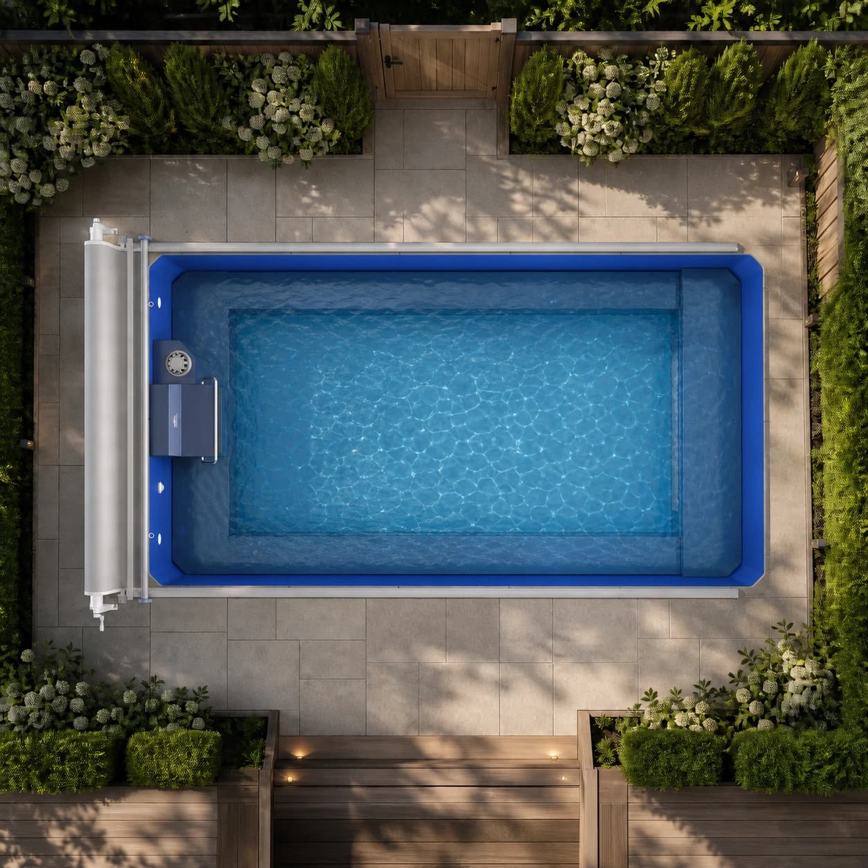 Endless Pools EP508 modular pool overhead view filled with water in a premium summer backyard setting