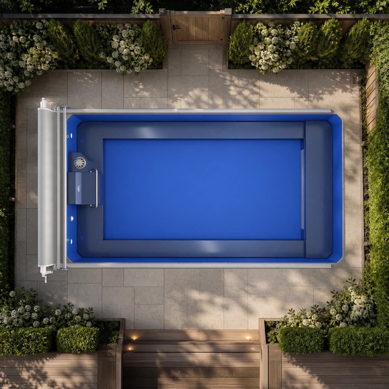 Endless Pools EP508 modular pool overhead view in a premium summer backyard setting