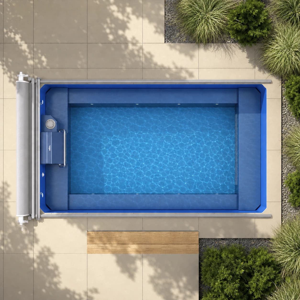 Endless Pools EP508 Plus modular pool overhead view filled with water in a premium summer backyard setting