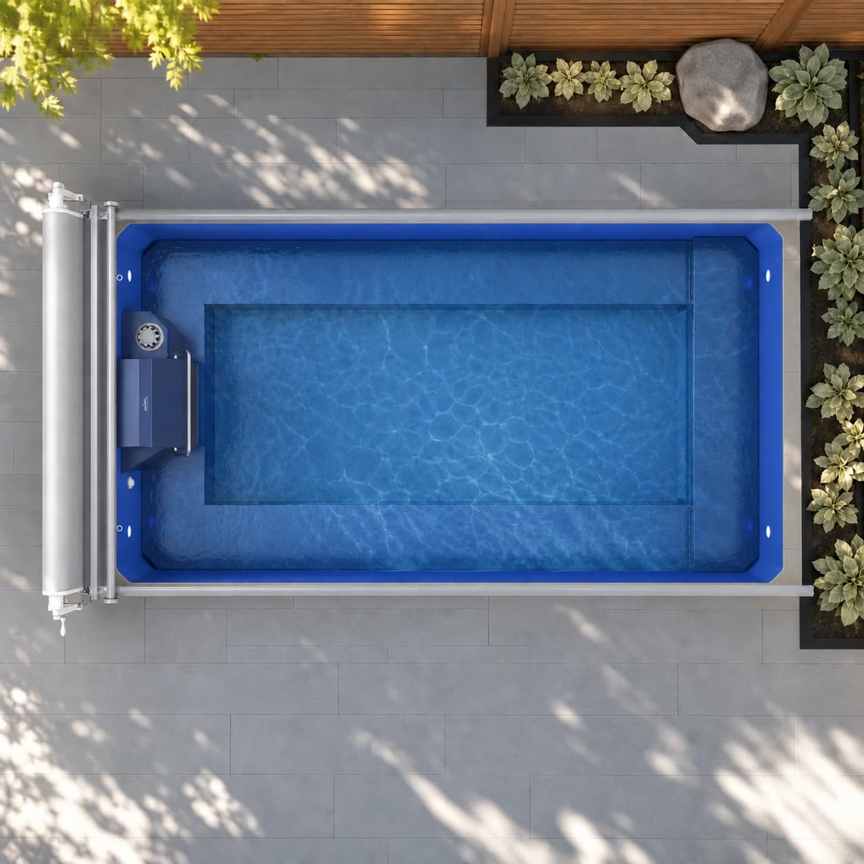 Endless Pools EP508 Pro modular pool overhead view filled with water in a premium summer backyard setting