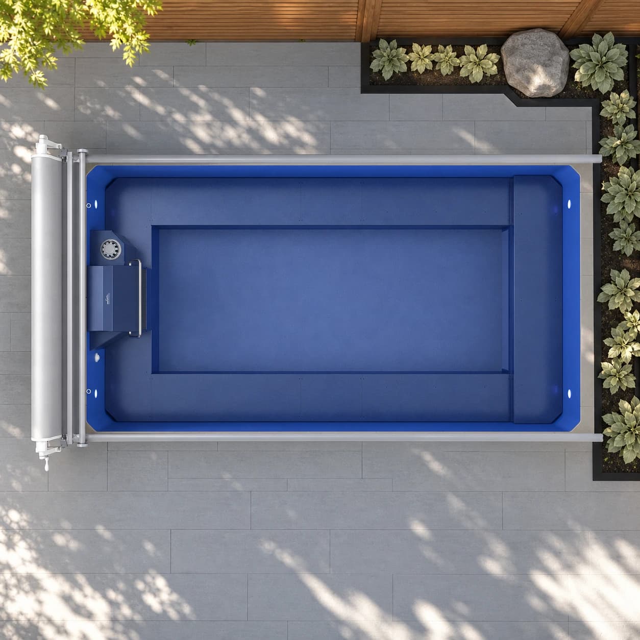 Endless Pools EP508 Pro modular pool overhead view in a premium summer backyard setting