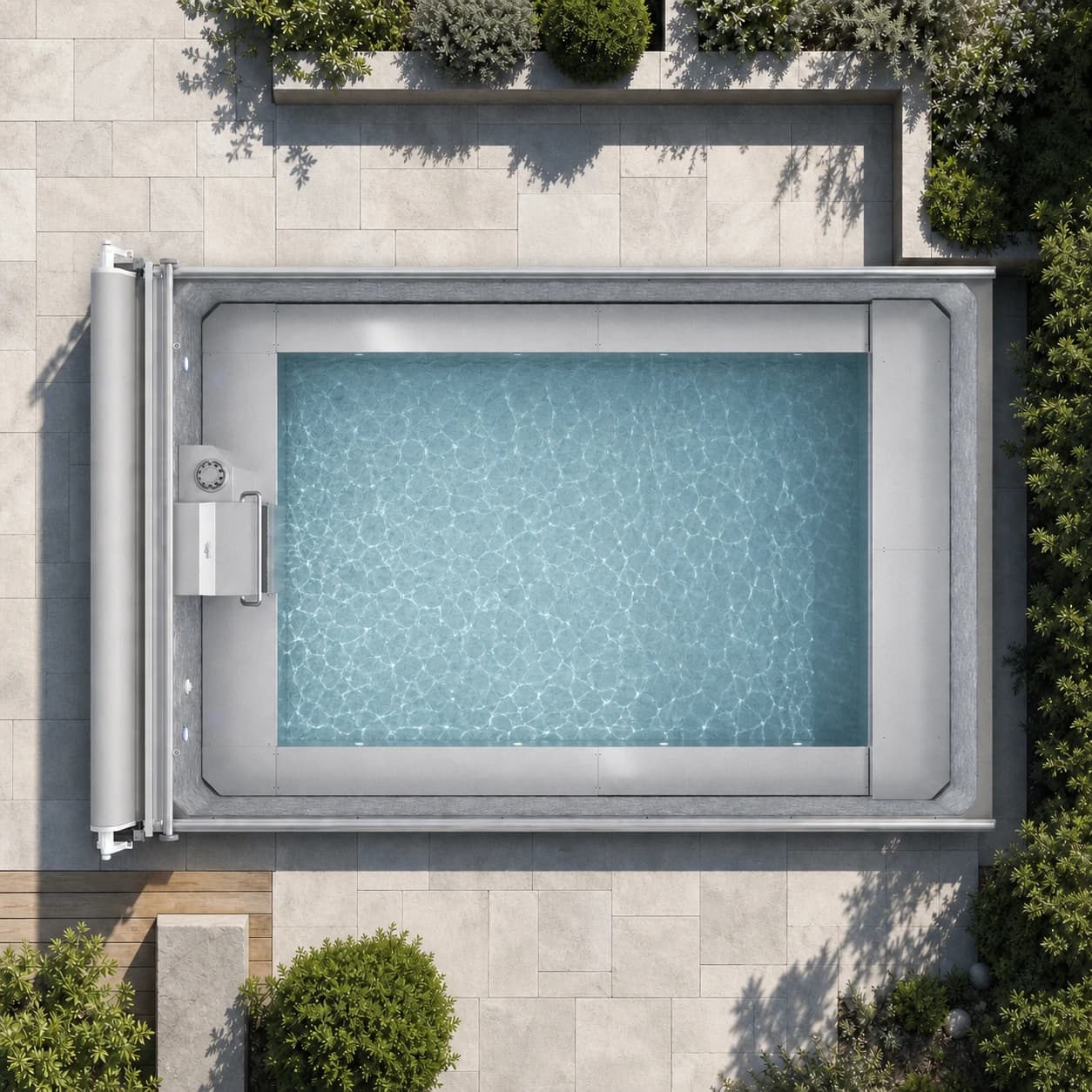 Endless Pools EP510 modular pool overhead view filled with water in a premium summer backyard setting