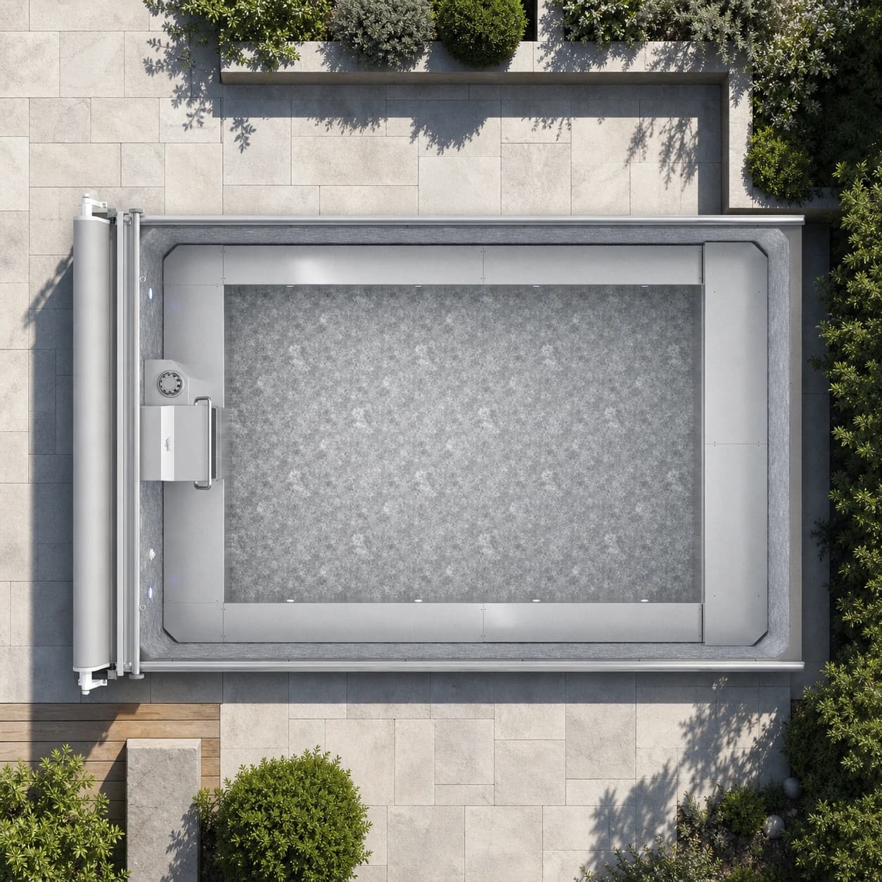 Endless Pools EP510 modular pool overhead view in a premium summer backyard setting