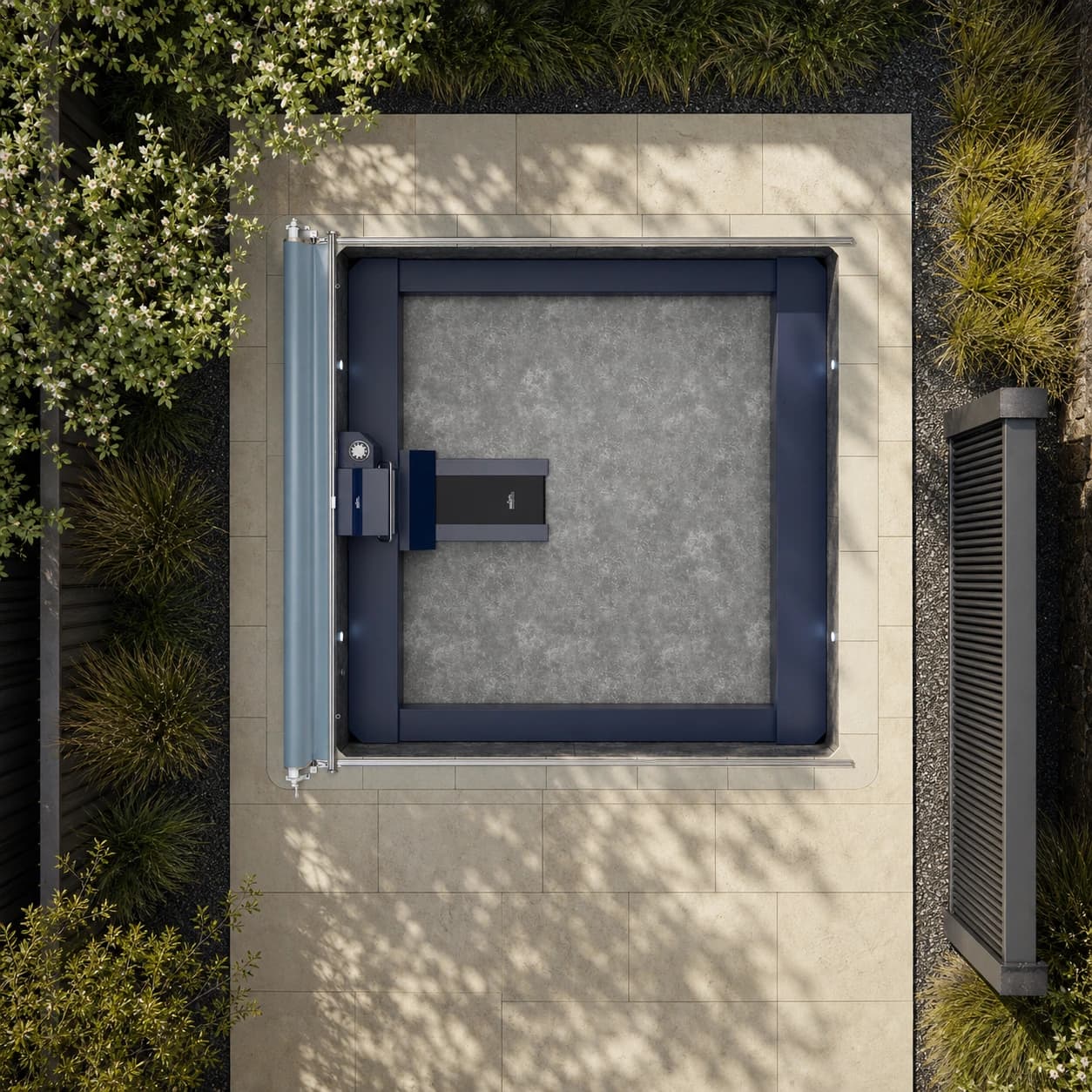 Endless Pools EP515 Plus modular pool overhead view in a premium summer backyard setting