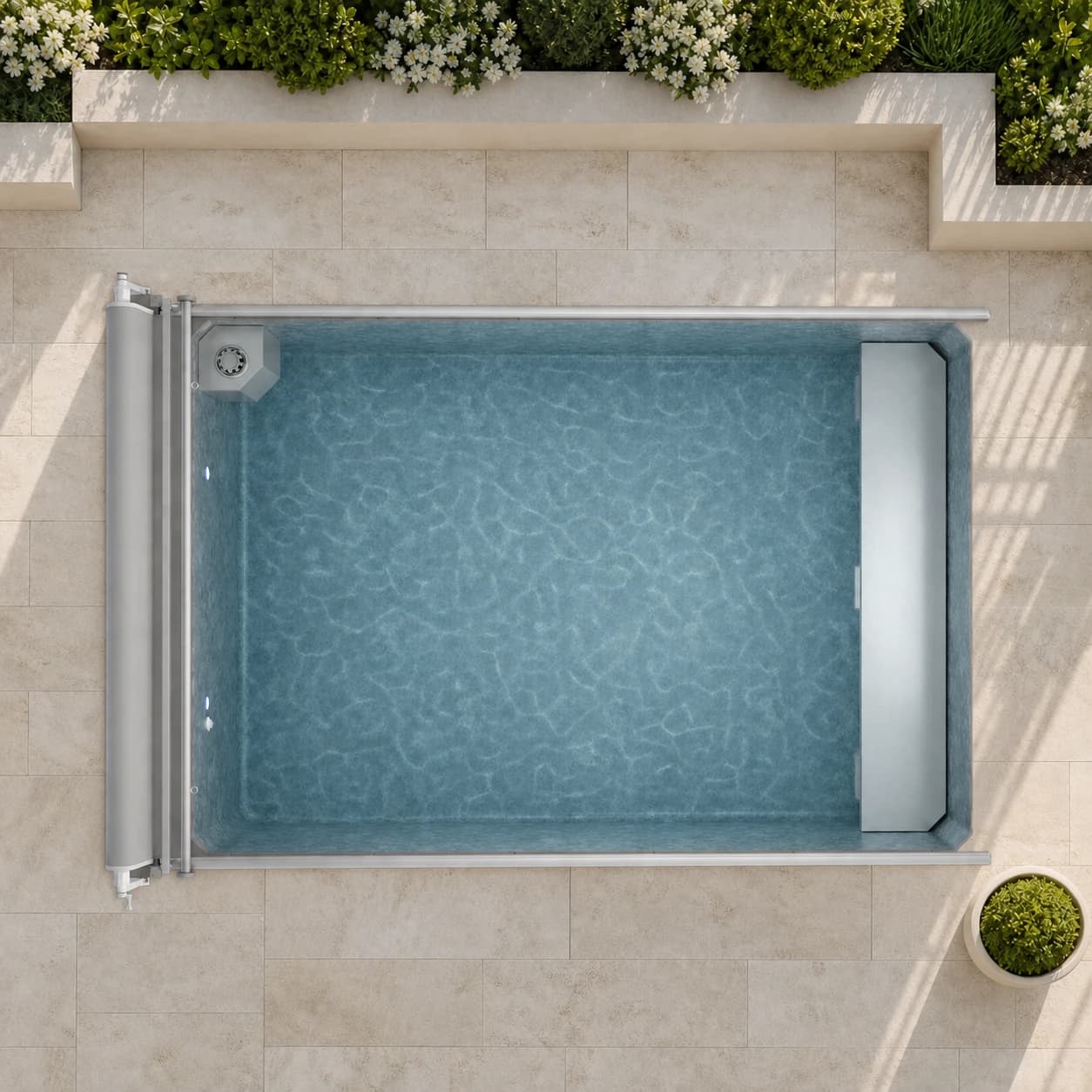 Endless Pools Plunge Max modular pool overhead view filled with water in a premium summer backyard setting