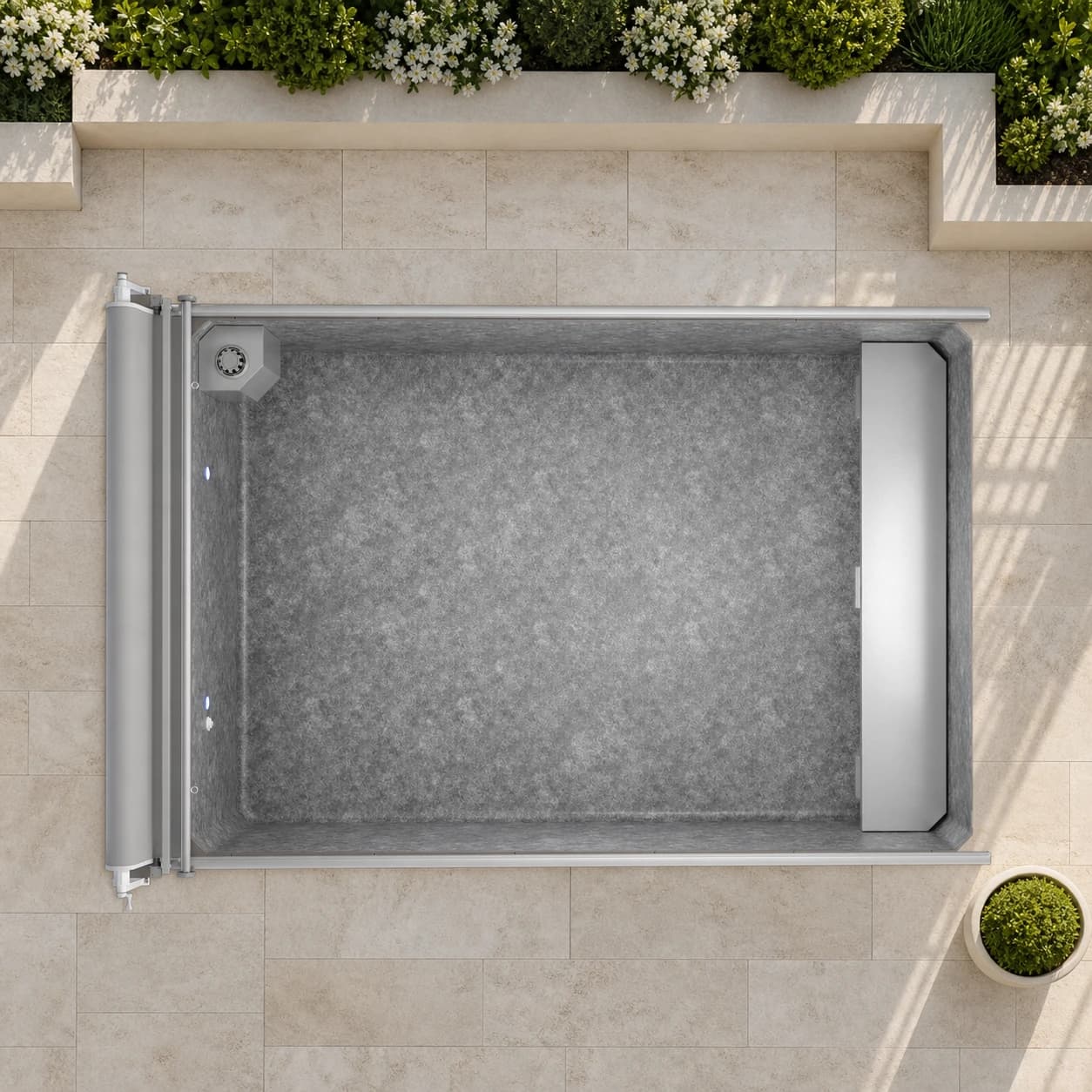Endless Pools Plunge Max modular pool overhead view in a premium summer backyard setting